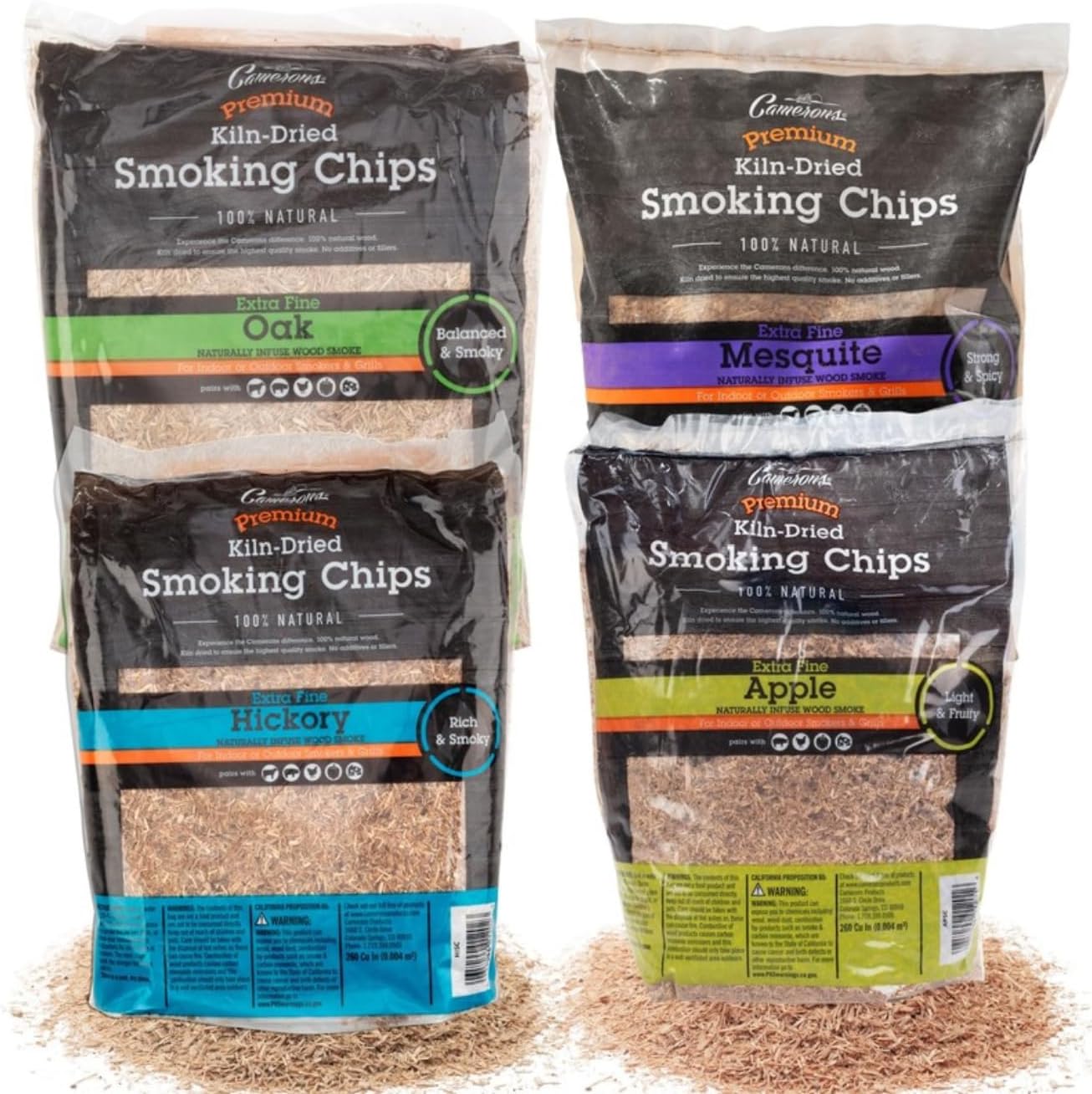 Camerons All Natural Extra Fine BBQ Wood Chips (4 Bag Value Pack Approx 2lb ea) - Apple, Hickory, Oak, Mesquite- Kiln Dried Sawdust Shavings for Smoking Guns & Smoker Boxes-Grilling Gift Set for Dad