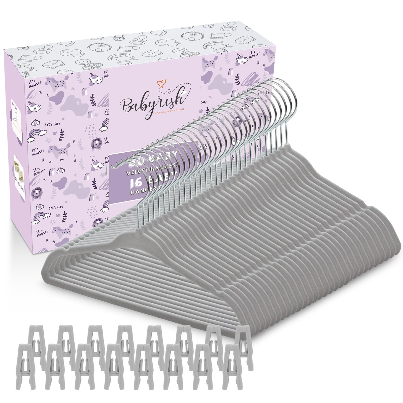 Babyrish Perchas de Terciopelo para bebé con Clips de 28 cm, ultrafinas, Fieltro Antideslizante, Organizador de Ahorro de Espacio para habitación Infantil y niños pequeños, Color Gris, 30 Unidades