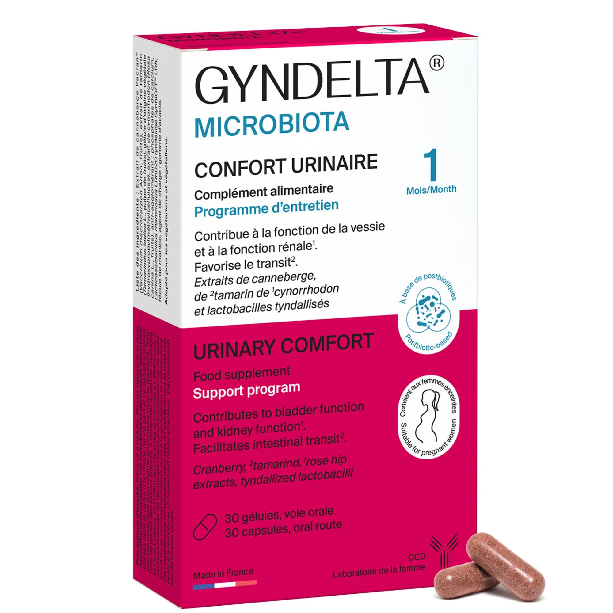 GYNDELTA® Microbiota | Confort urinaire et digestif de la femme | Canneberge Pacran®, Tamarin, Cynorrhodon & probiotiques | 30 gélules végétales | Cure 1 mois | Fabriqué en France