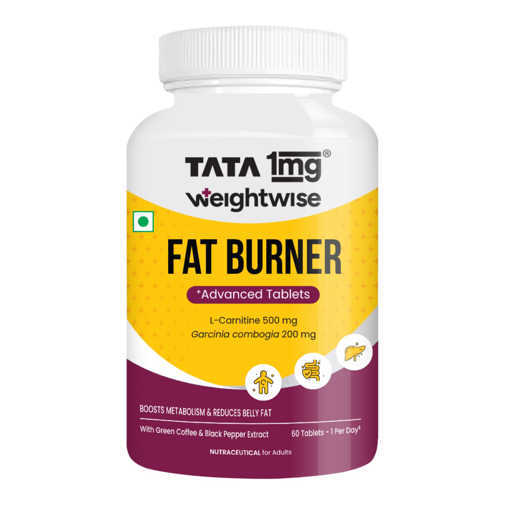 Tata 1mg Weightwise Fat Burner for Weight Loss with L-Carnitine, Garcinia Cambogia & Green Coffee Extract | Weight Management Supplement for Men & Women | 60 Veg Tablets