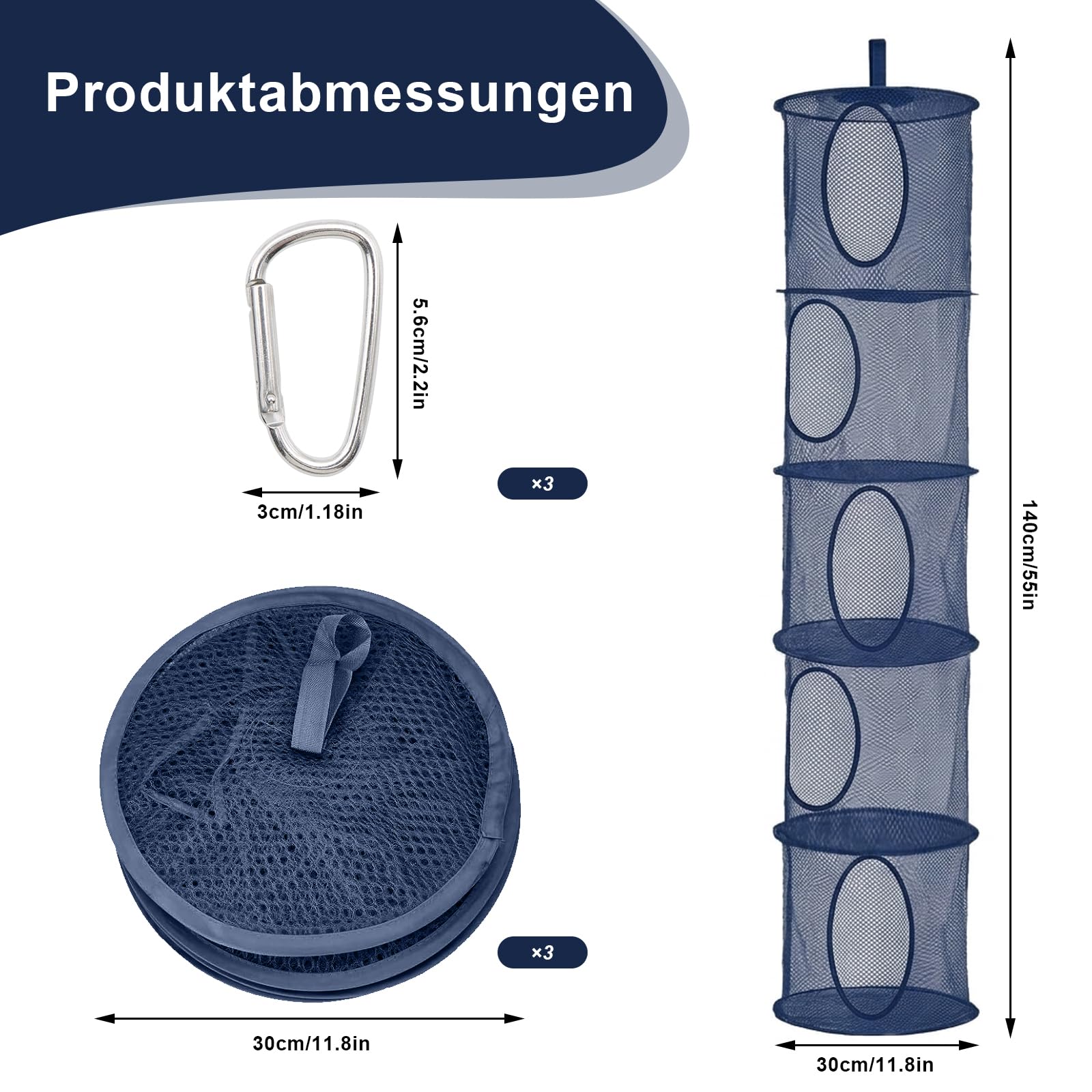 ZYNERY 3 Stück Set Hängende Netz-Aufbewahrungstasche, 5 Stufe Faltbare Hängeaufbewahrung Organizer, Hängender Speicherkorb Kinder für Kinderzimmer Badezimmer Balkon (Marineblau)