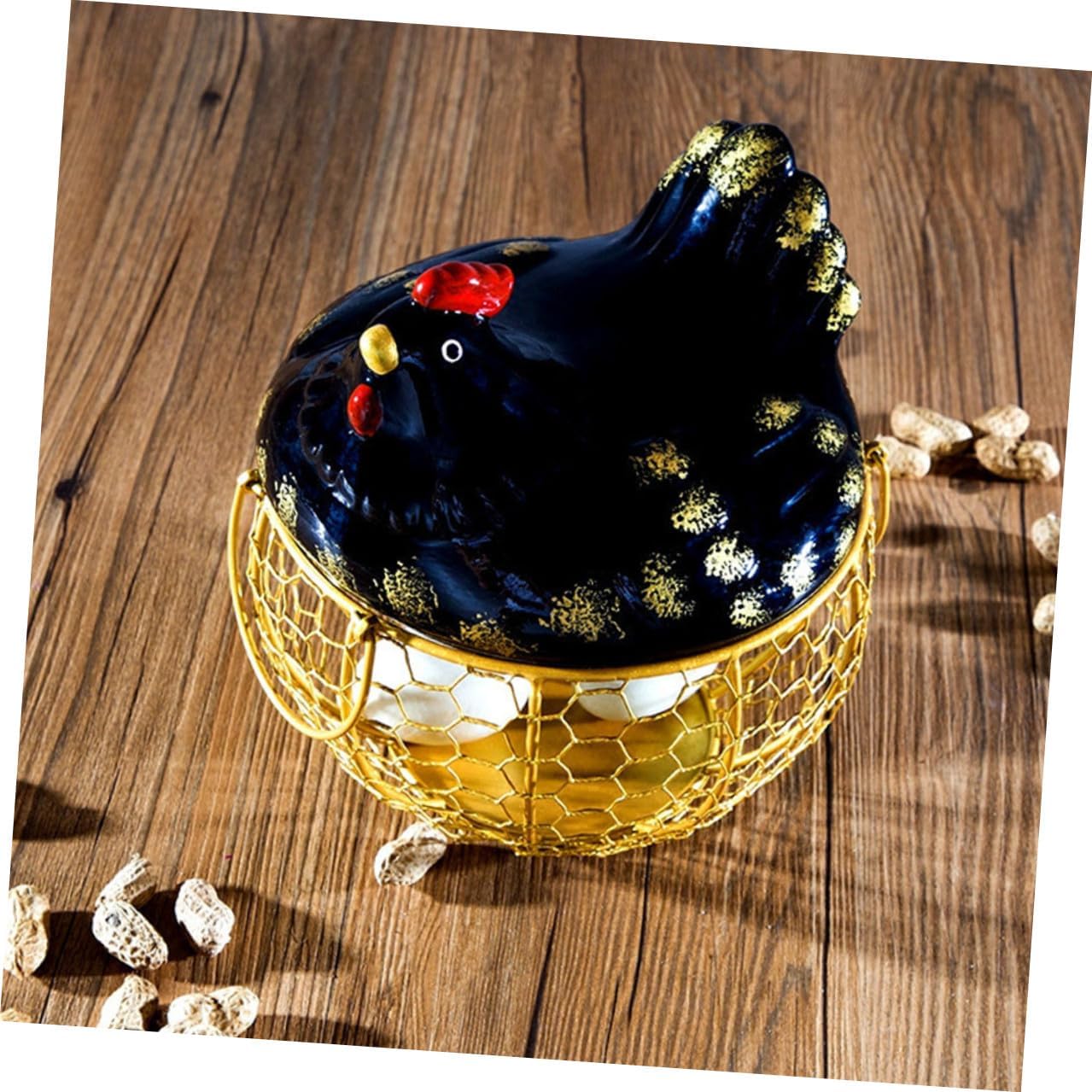 Rustic Iron Egg Storage Basket with Black Metal Lid and Gold Wire Frame, Food and Fruit Organizer for Kitchen Countertop, Decorative Home Egg Container