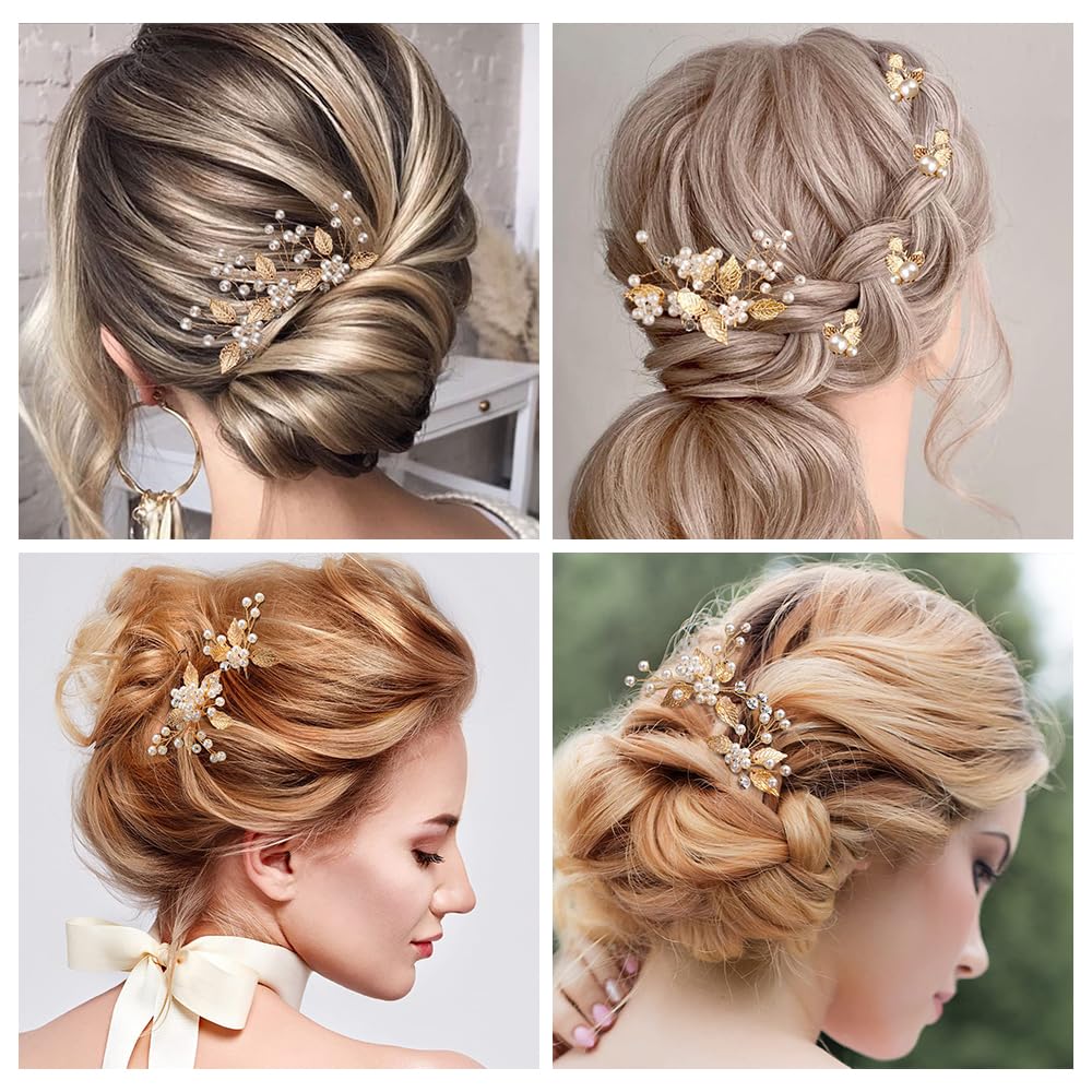 7 Pezzi Forcine Capelli Sposa Foglie Accessori Sposa Capelli Gioielli con Cristalli e Perle Accessori Nuziali a Forma Di U per Damigelle e Donne (Oro)