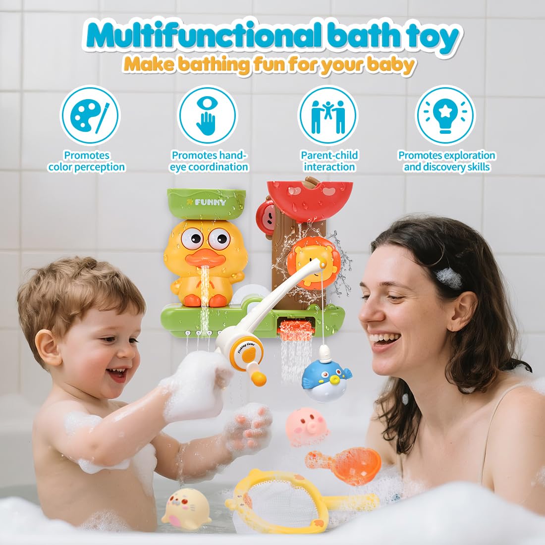 CUTE STONE Giocattoli da bagno per bambini, anatre e leoni, gioco di pesca, giocattoli galleggianti senza fori, gioco di rete da pesca d'anatra, regali per ragazzi e ragazze