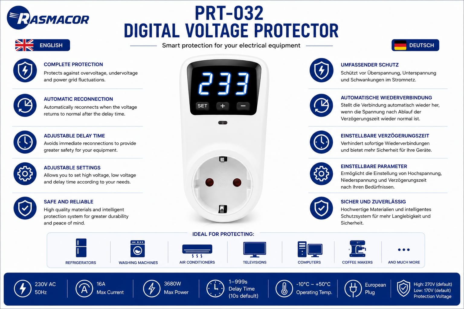 RASMACOR Protector de Voltaje Digital 16A 230V y 3680w con Enchufe | Protección contra Sobretensiones y Bajo Voltaje | Pantalla LED Digital para Electrodomésticos, Aire Acondicionado, Refrigerador