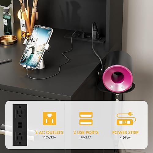 Miniatura 5 de VICTONE Escritorio de tocador con espejo iluminado LED y toma de corriente, 3 modelos de luces, mesa de tocador de maquillaje con 7 cajones y 6