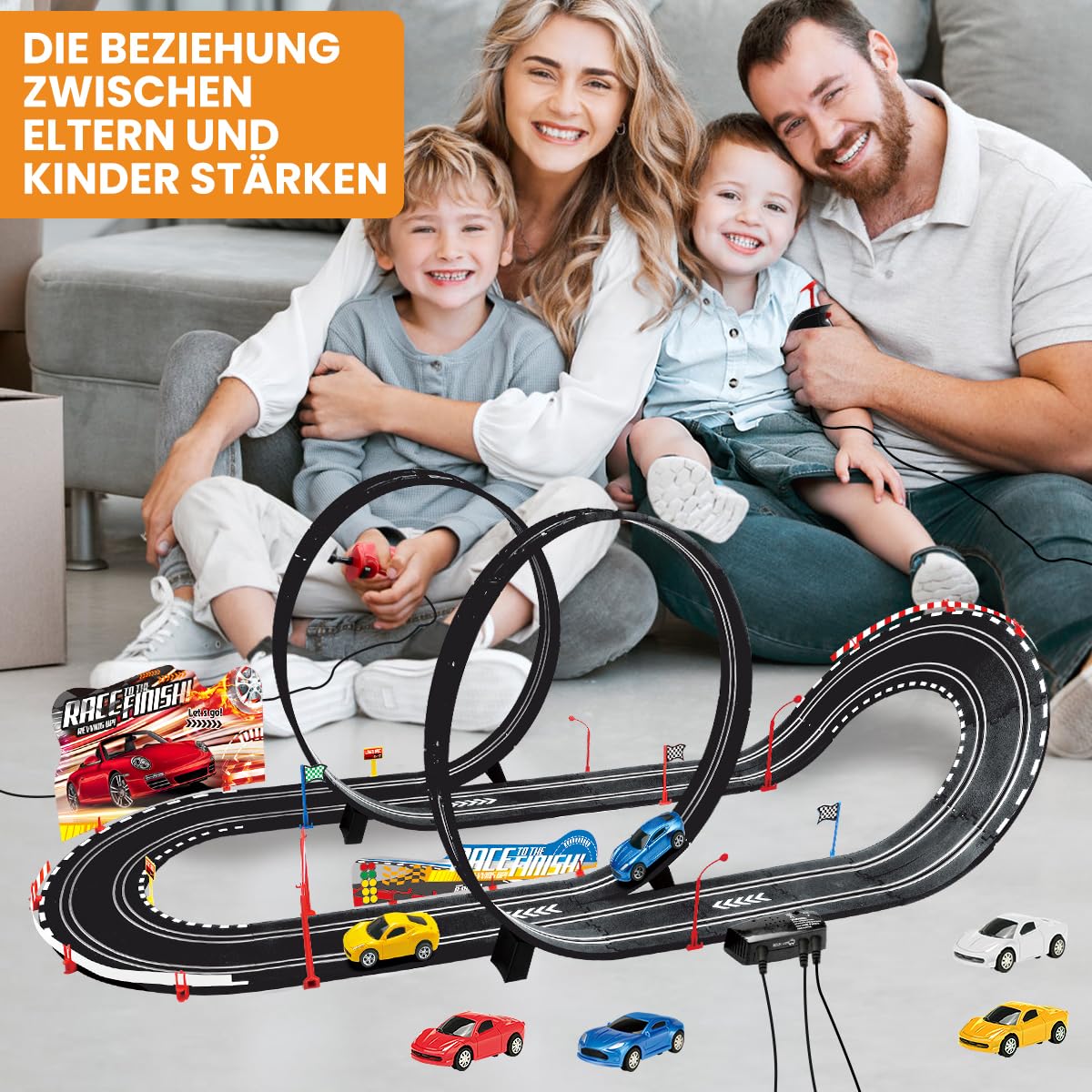 SlotCar-Rennbahn-Sets mit 4 Hochgeschwindigkeits-Slot-Cars, 2 Elektrische Controller Kreisförmige Überbrückungsbahn, Geschenk-Spielzeug für Jungen und Mädchen im Alter von 6-12