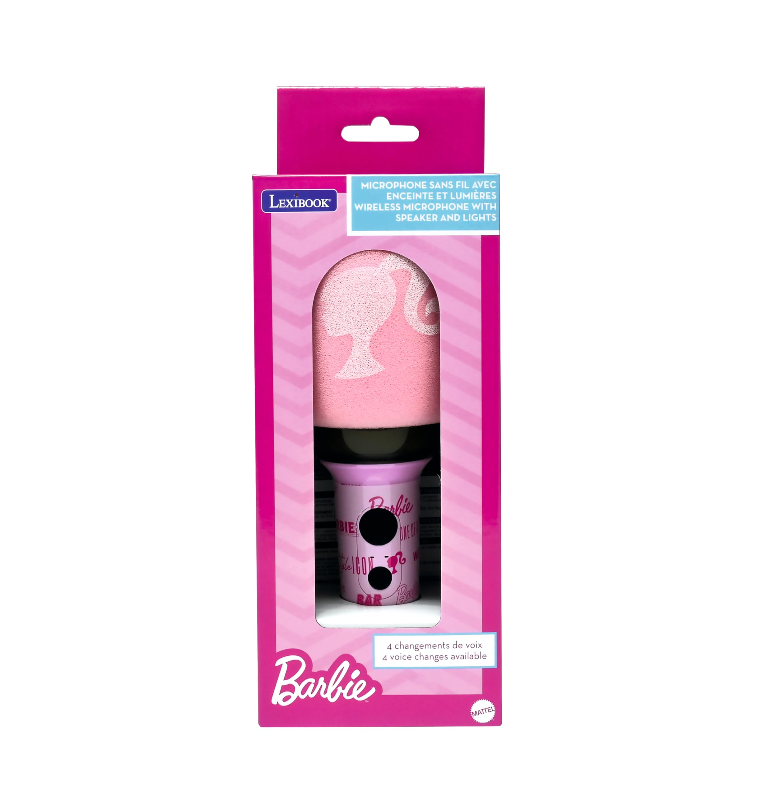 Lexibook MIC280BB Barbie Bezprzewodowy Mikrofon z Głośnikiem i Światłami, 4 X Modyfikator Głosu, Efekty Świetlne Wielokolorowe, Akumulator, Jeden Rozmiar, MIC280BB