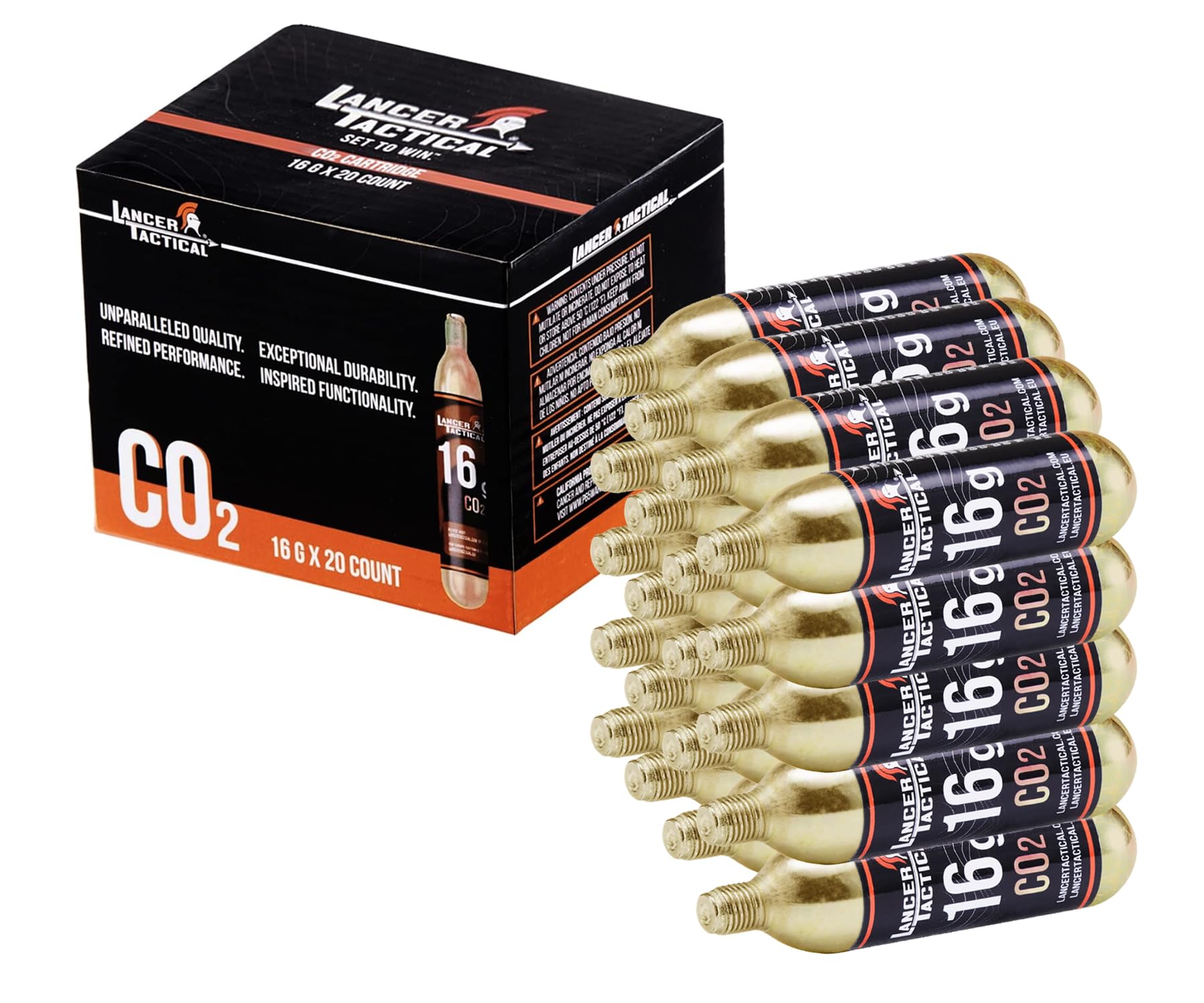 Lancer Tactical 20 Pack of 16g Threaded CO2 Cartridges Cylinder for Airsoft, Airguns, CO2 Bike Tire, Bike Tire Inflators, MTB & Road Bikes