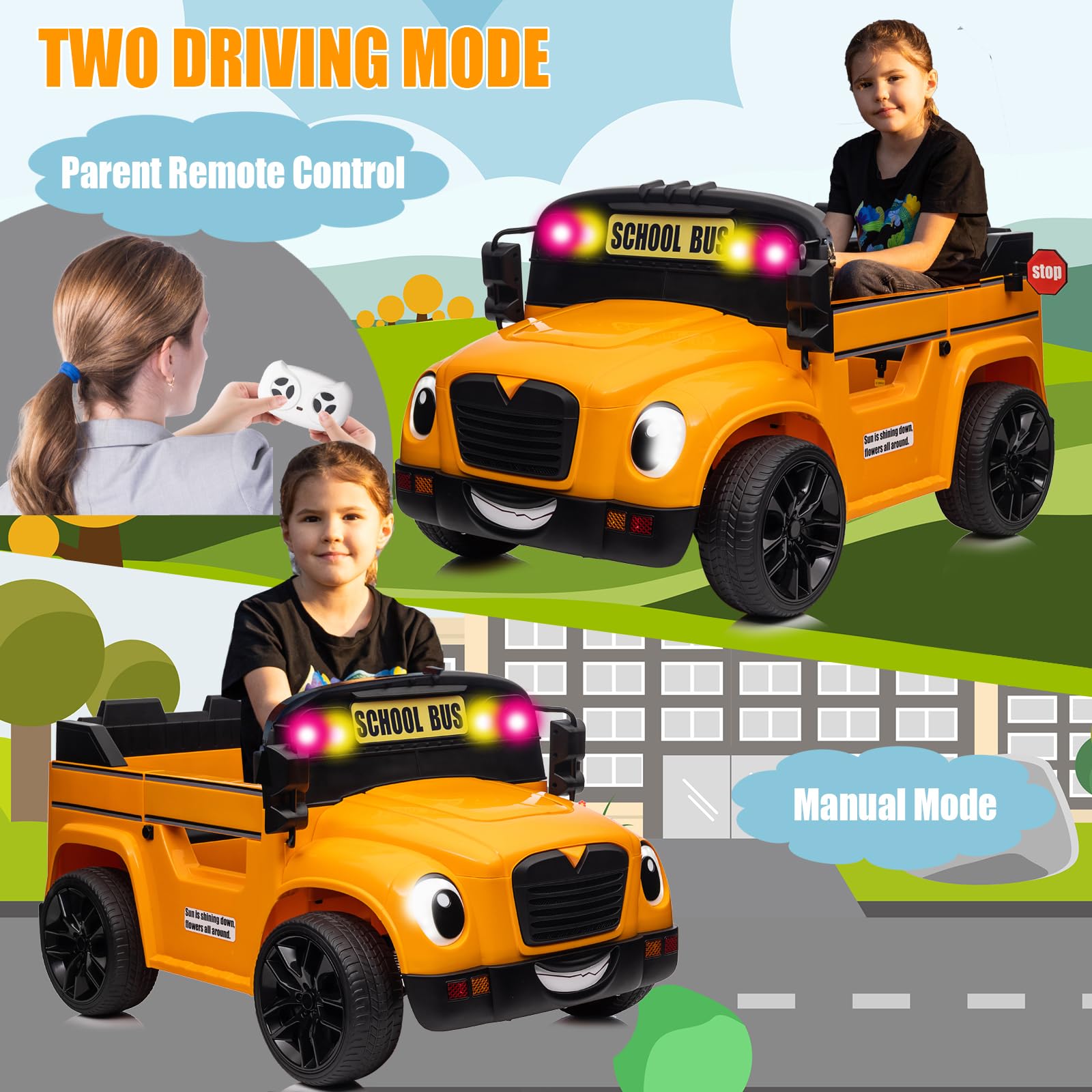 LUIBAS 2025 Ride on School Bus Kids 24V 4WD EVA Hybrid Rubber Tires Ride On Truck Kids Electric Vehicles with Remote Control with Powerful Batteryed Wheel for Best Gift for Boys and Girls, Orange