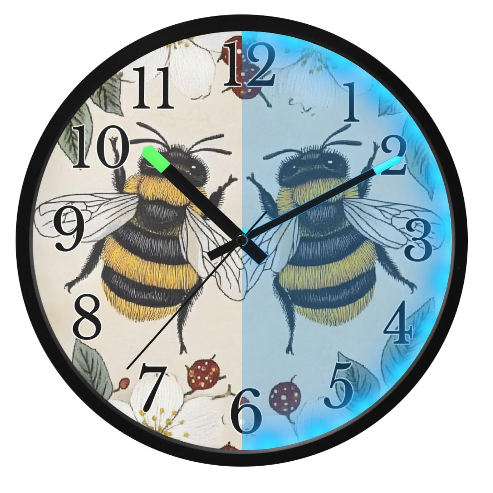 Mnsruu Reloj de pared luminoso con diseño de abejas, flores, bayas rojas, reloj de pared que brilla en la oscuridad, funciona con pilas, silencioso, sin tictac, luz nocturna para dormitorio