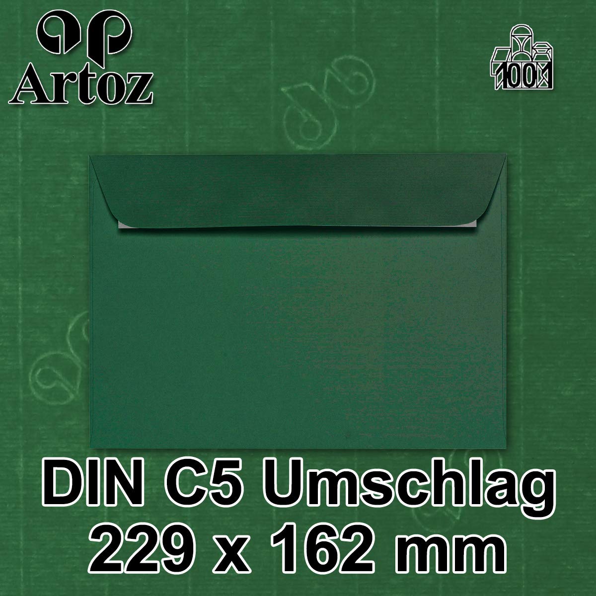 ARTOZ 200 x koperty DIN C5 zielone (Racing Green) - 229 x 162 mm koperta bez okienka - koperty samoprzylepne - seria ARTOZ 1001