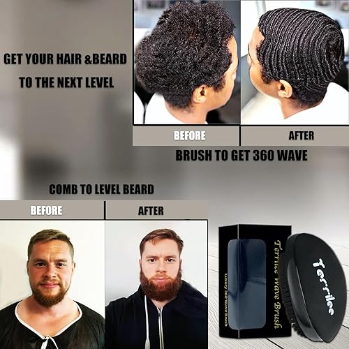 Miniatura 6 de Terrilee Cepillo de onda de palma para hombres 360  Cepillo de cerdas de jabalí duro medio para hombre  Cepillo ondulado curvado para hombres 360