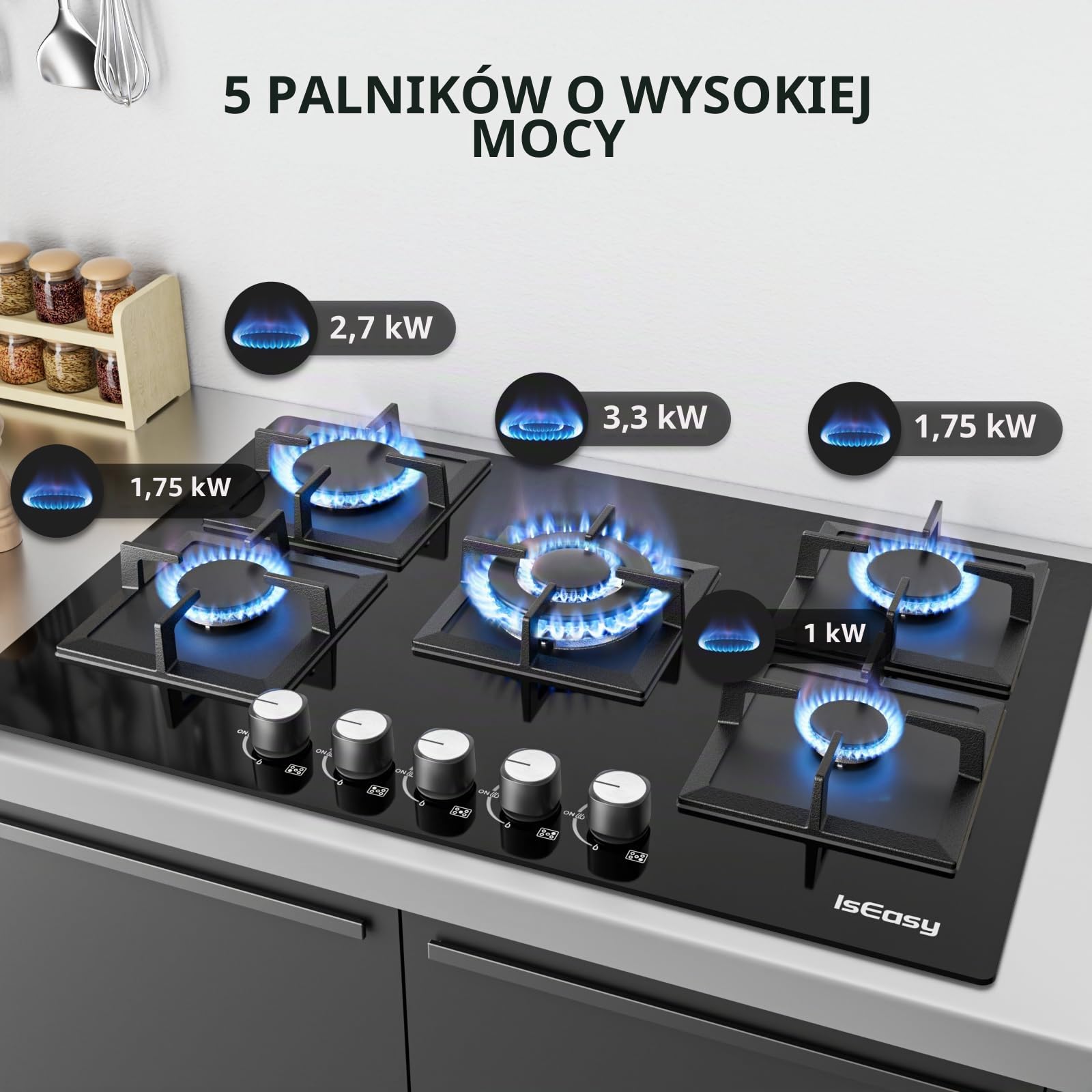 Kuchenka gazowa 5 palników, 77 cm szklana kuchenka gazowa z automatyczną ochroną przed płomieniem, gaz ziemny i propan, do zabudowy(73 * 48cm), 10500 W, 220-240 V