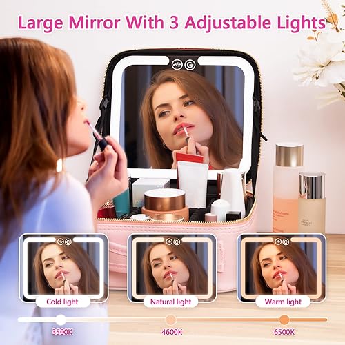 Miniatura 4 de Bolsa de maquillaje de viaje con luz LED, estuche de maquillaje con espejo, 3 ajustes de color, caja de maquillaje cosmética, estuche organizador de