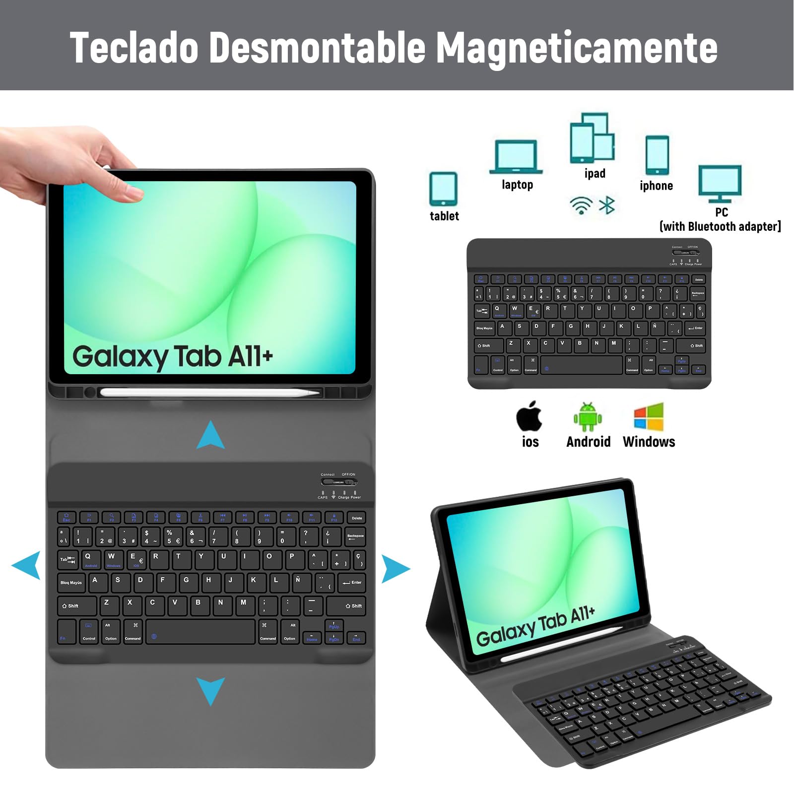 Lielax Funda con Teclado Español Ñ para Samsung Galaxy Tab A9+/A11+ 11 Pulgada, Teclado Bluetooth Magnético Desmontable para Galaxy Tab A11 Plus 2025/A9 Plus 2023, Negro