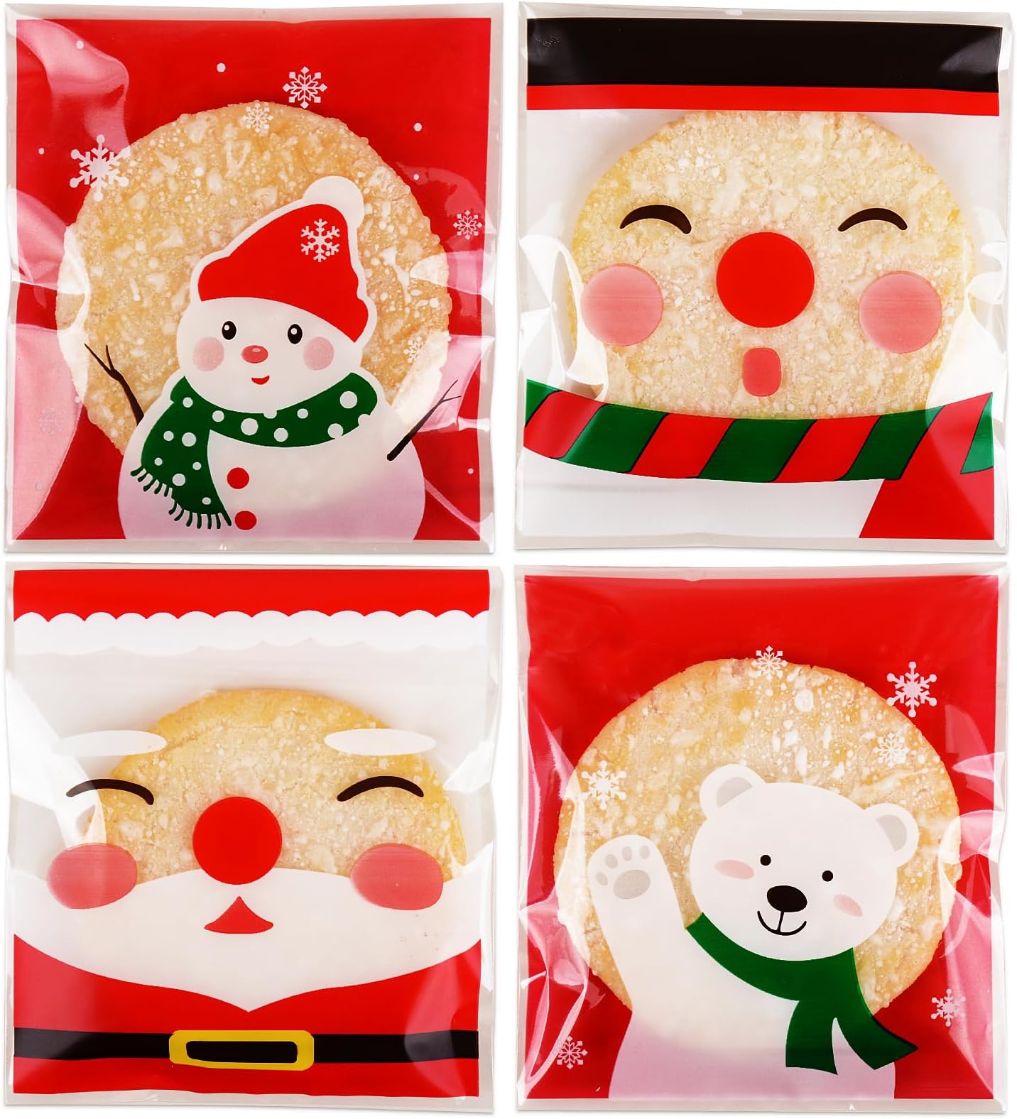 100pcs Christmas Cellophane Treat Bags Sweet Cookie Bags Small Self Seal Xmas Cellophane Bags Empty (Colorful Patterns)