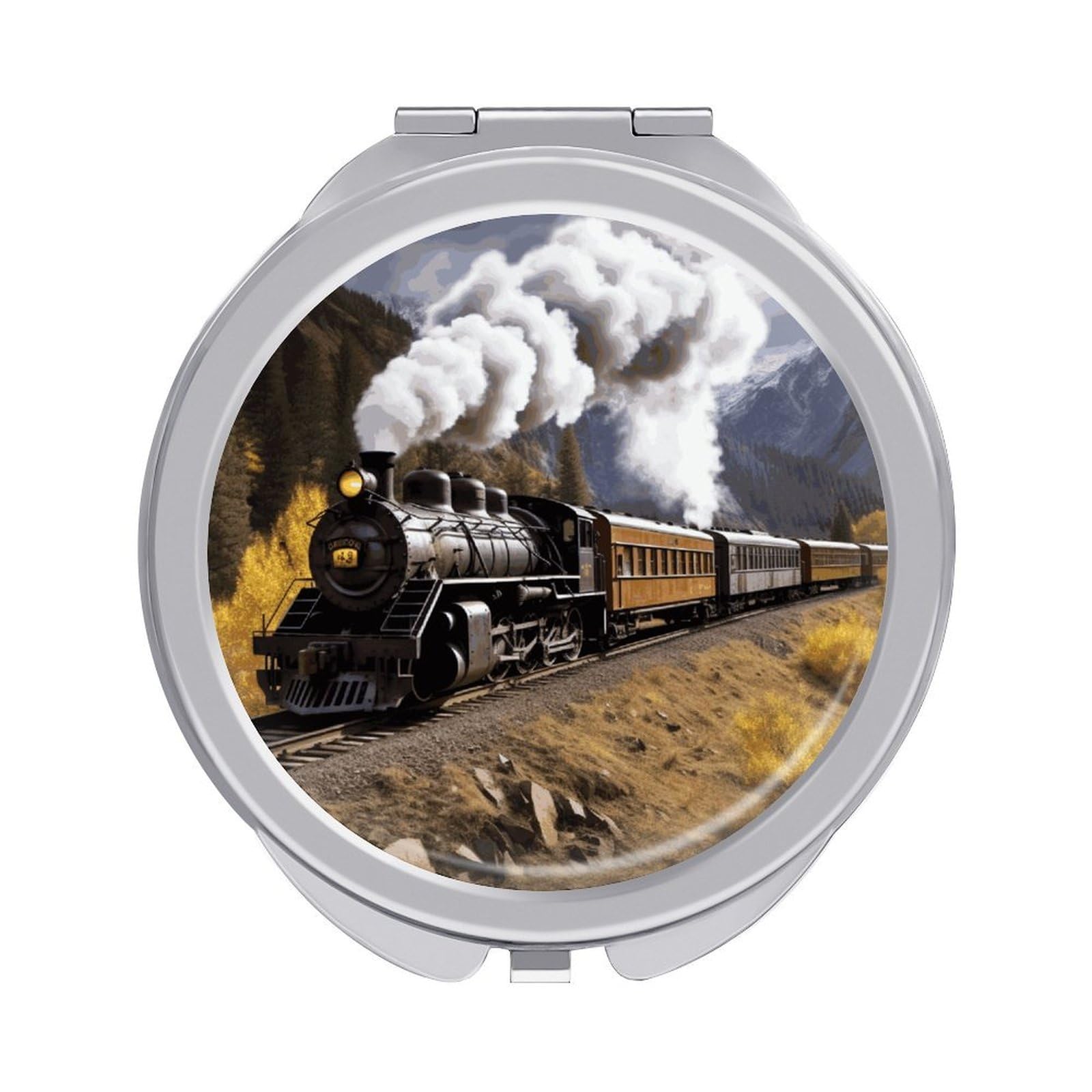 JTREHY Steam Locomotive Train Makeup Mirror Silver Mirror Surface Folding Makeups Mirrors Lightweight Durable Looking Glass for Suitable Traveling Handbag and Purses