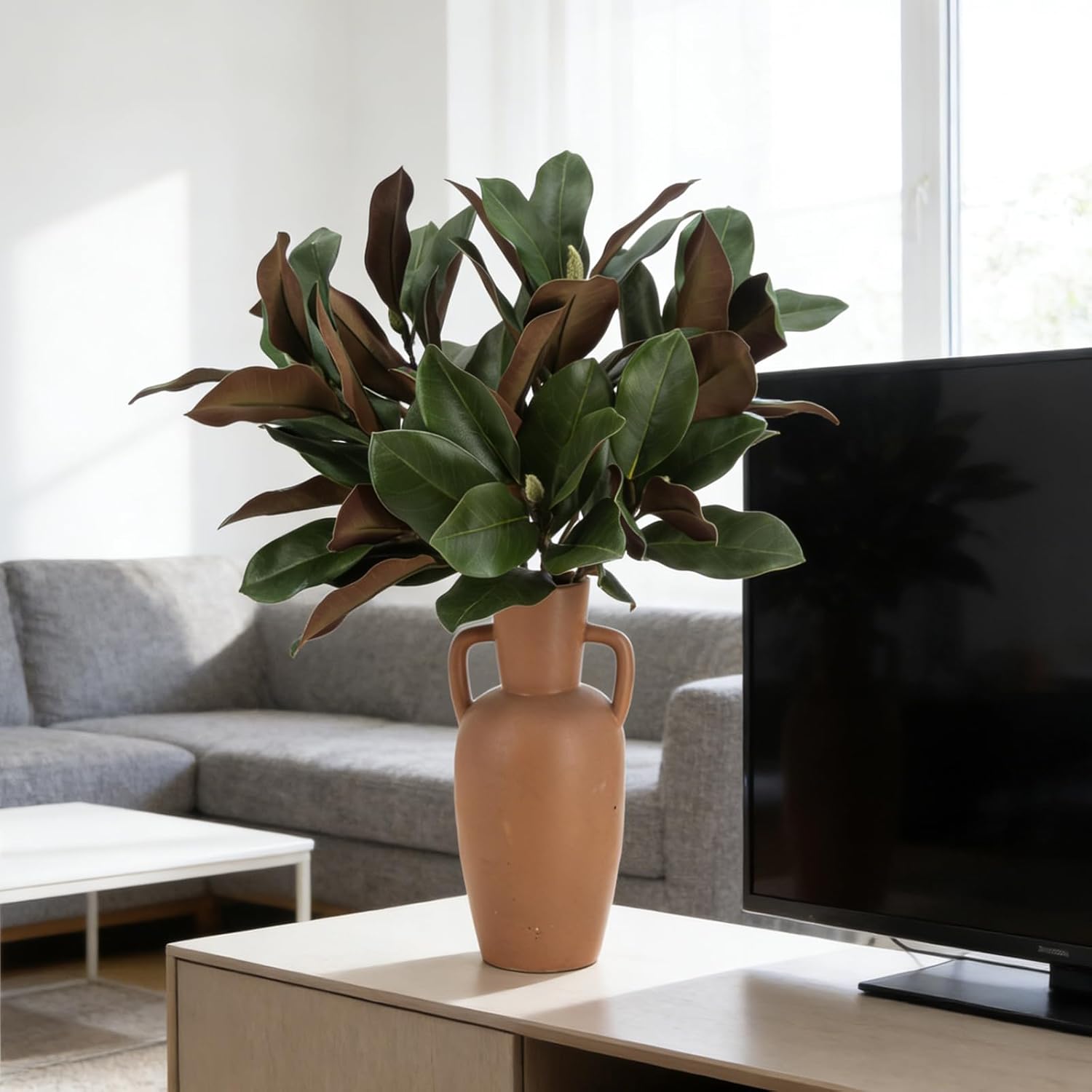 Magnolia Artificial Leaves Branches 3D Magnolia Stem Life-Like Faux Leaves Twigs for Indoor Vase Filling Home Office Hotel Table Décor (4, 25.6inch)