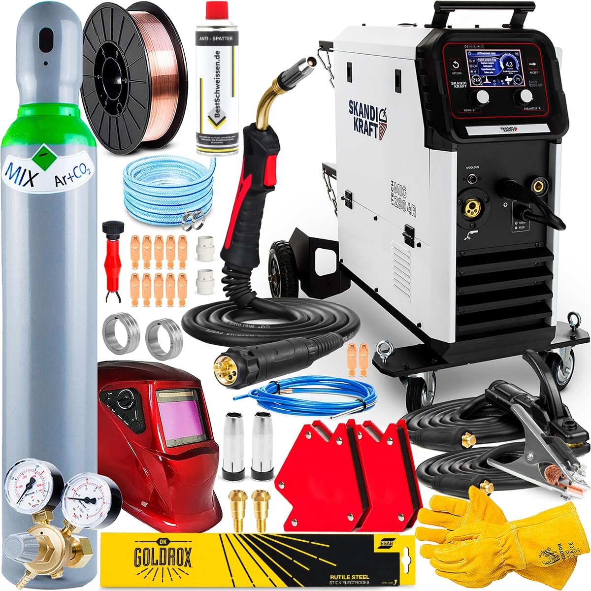 SKANDI KRAFT iTech MIG 280 4R - Saldatrice MIG MAG e saldatrice a gas di protezione da 400 V, bottiglia da 8 l e accessori su carrello di saldatura, 4 rulli, saldatura in alluminio (280 A)