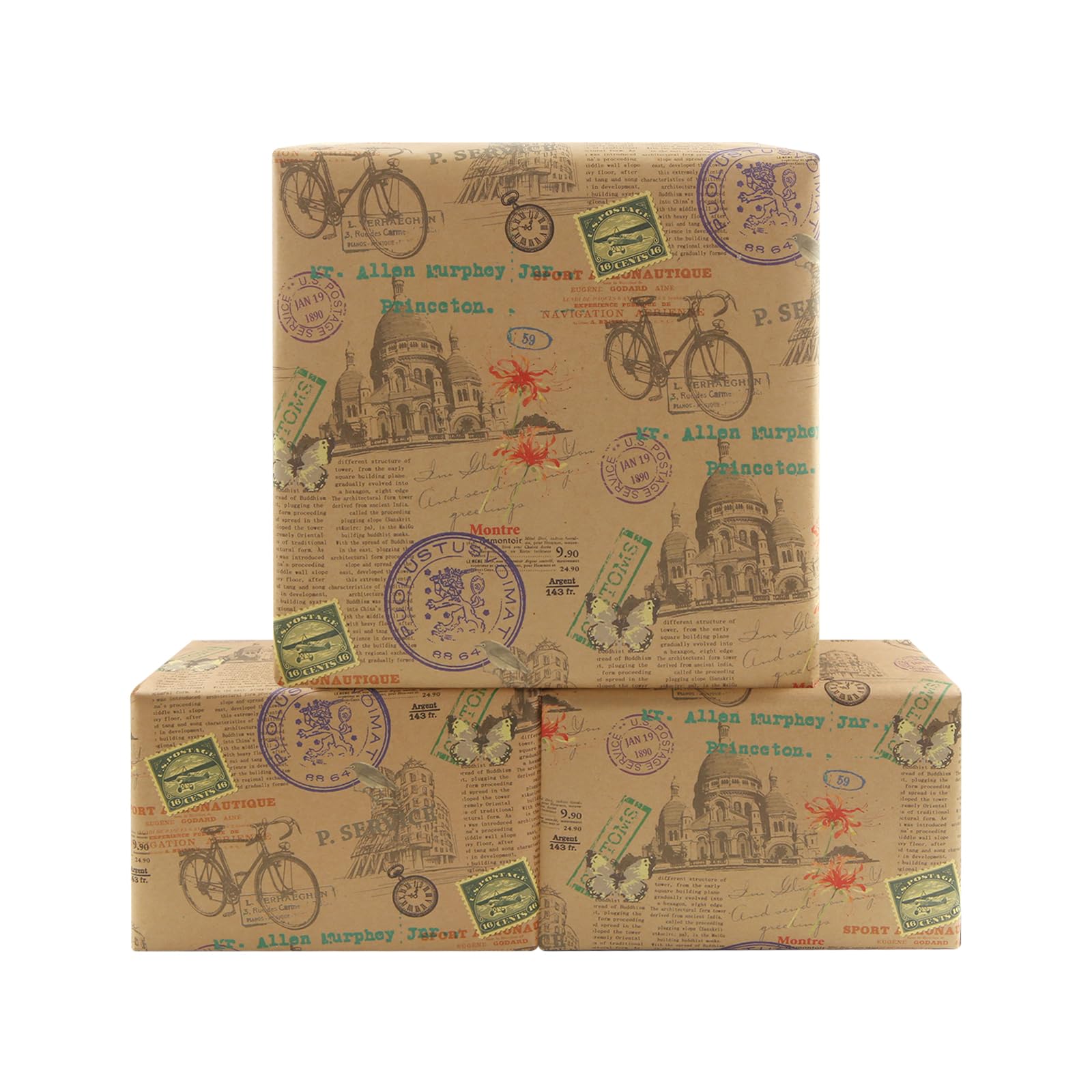 Classic Vintage Romantic Timeless Bicycle & Architecture Wrapping Paper (4 Folded Flat, 50x70cm Per Sheet) Kraft Traveller Gift Wrap for Birthday, Wedding, Valentine Day