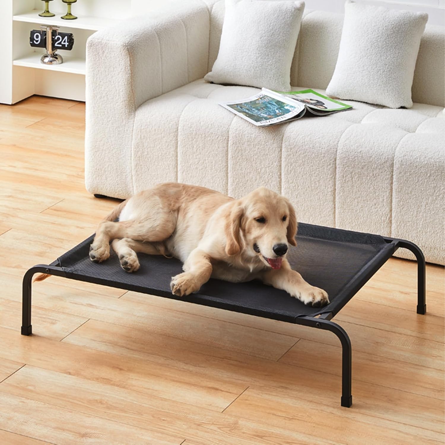 Raised Dog Bed for Large Dogs, Elevated Outdoor Dog Bed Easy to Assemble, Cooling Lifted Pet Bed with Durable Breathable Teslin Mesh, Dog Hammock Bed (Black, L:40x27x8in)