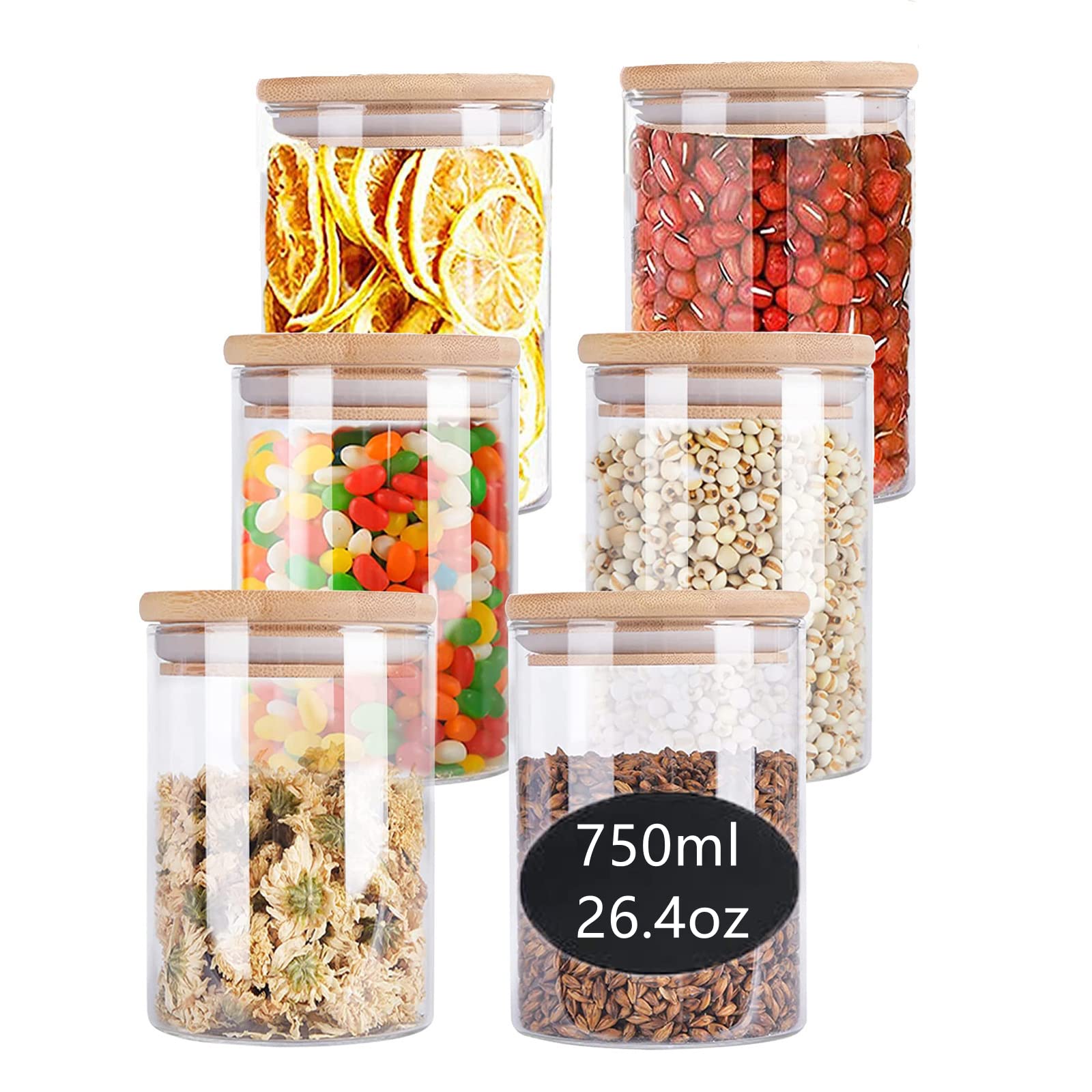 Glass Storage Jars with Bamboo Wood Lids, 750ml /26.4oz Clear Glass Air