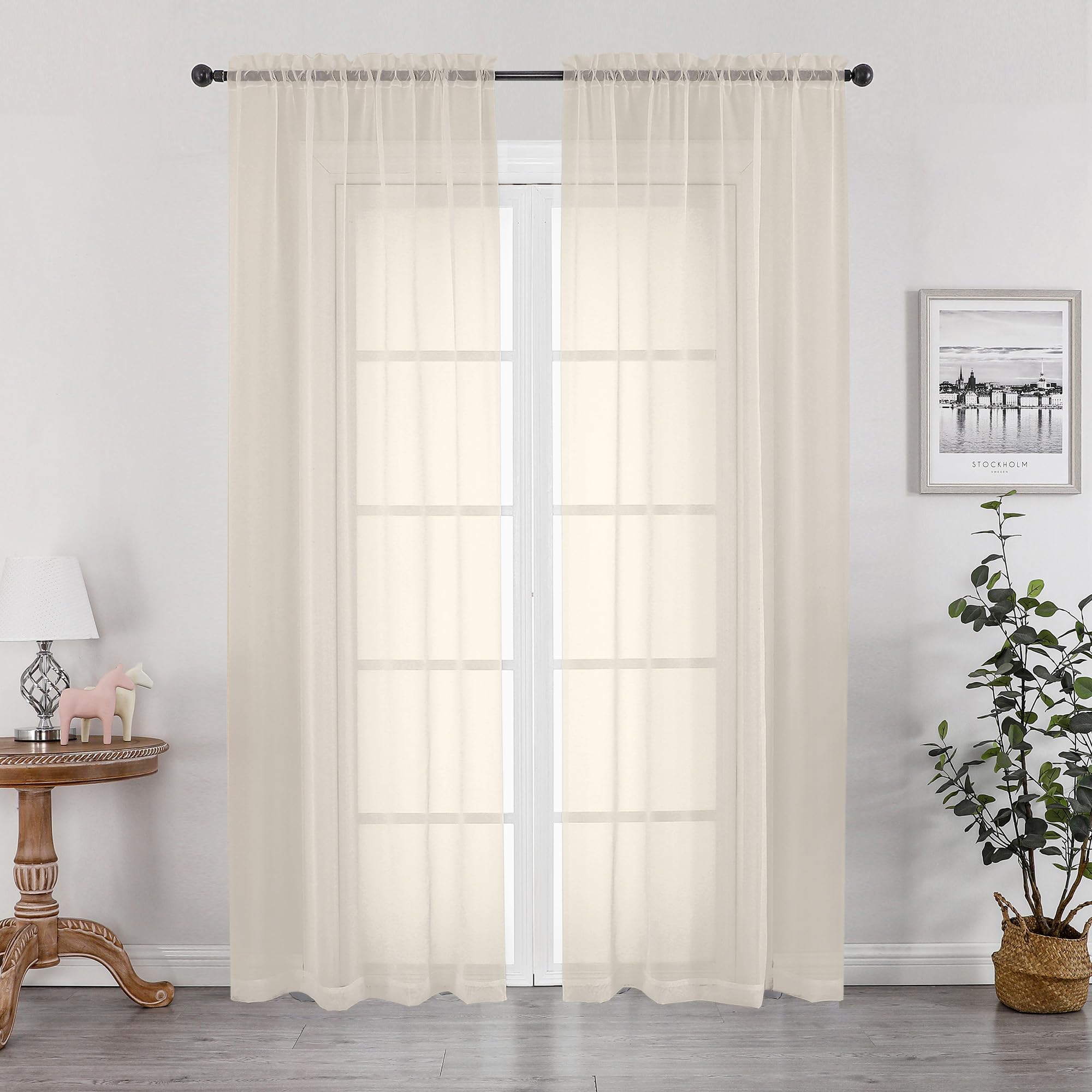 Cream Sheer Curtain 96 Inch Long 2 Panels Set, Light Filtering Clear Rod Pocket Soft Sheer Curtain 95 for Bedroom/Living Room, 2Pcs, Each 42" W x 96" L, Cream