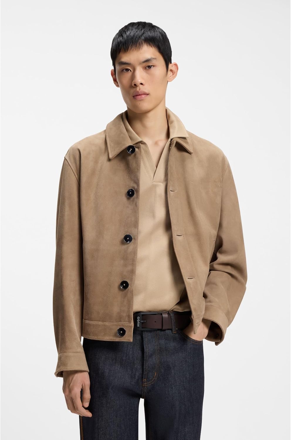 HUGO Men's Gelio-B Sz40 Leather Belt with Matte Black Logo Clasp