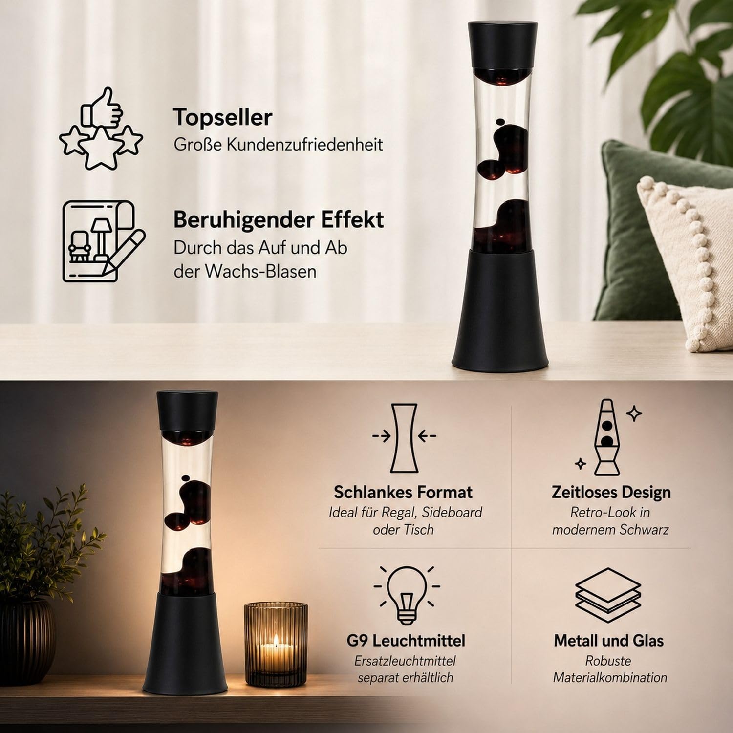 Easylight Lámpara de lava SANDRO Design negra y morada con interruptor, 39,5 cm de altura, G9, lámpara de mesa retro, habitación juvenil