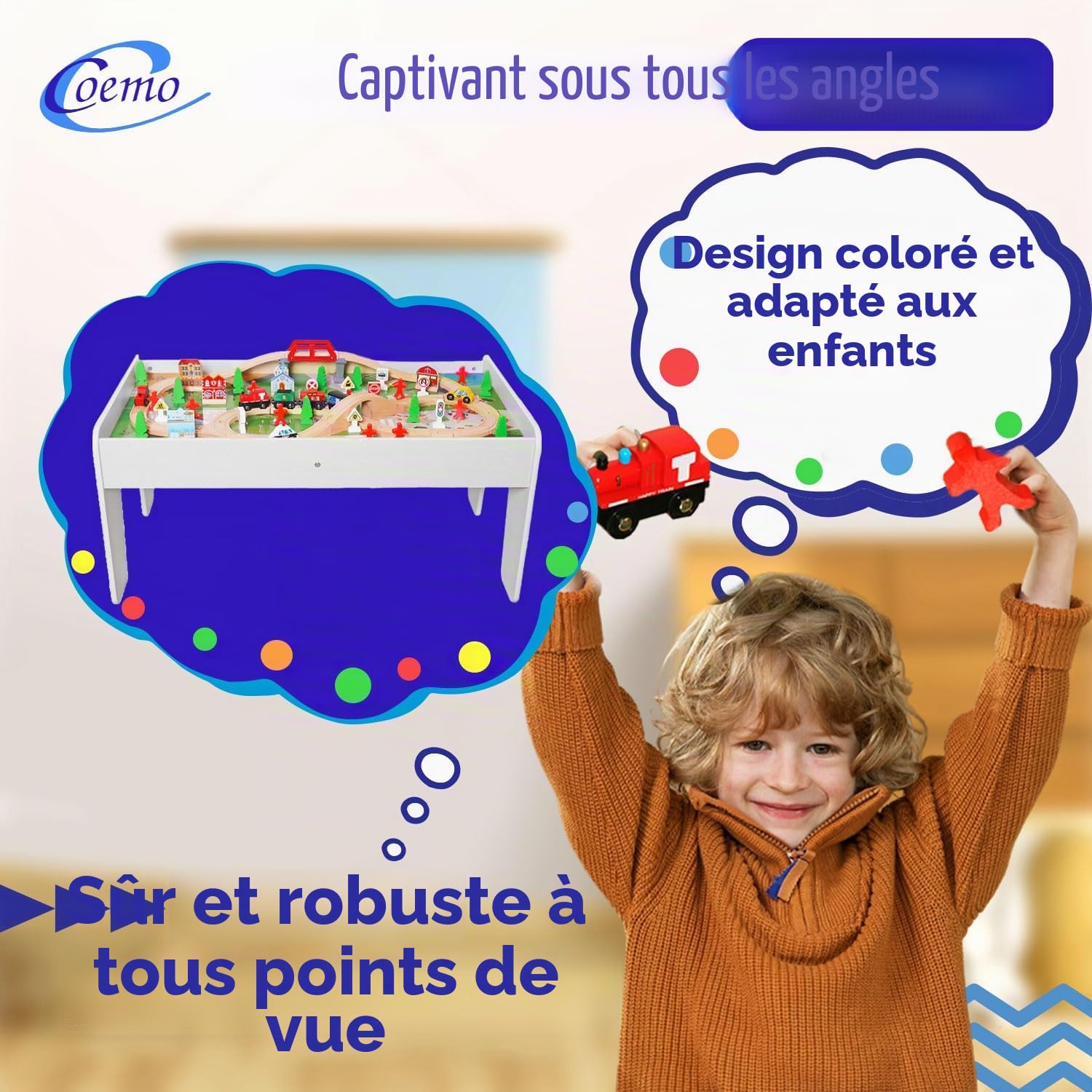 Coemo Table de jeu avec chemin de fer en bois - 91 pièces - Table multifonction pour les enfants - Pour jouer, bricoler, construire et améliorer la motricité - Superbe cadeau