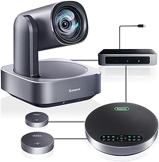 Tenveo Système de Caméra de Conférence PTZ 4K avec Suivi Automatique IA Tout-en-Un Haut-Parleur Bluetooth avec 2 Micros d'Extension Zoom Optique 12X Grand Angle de Vue pour Réunions Zoom Skype Teams