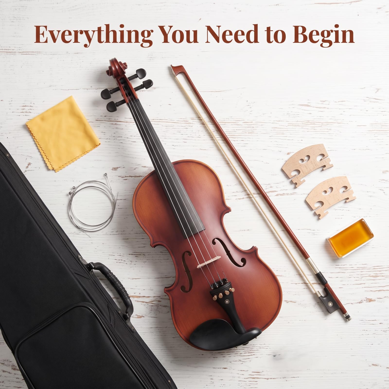 Violín para principiantes, kit de iniciación de violín acústico de tamaño completo 4/4, instrumento musical de cuerda con funda, 2 arcos de violín, 2 puentes, cuerdas, colofonia, paño de