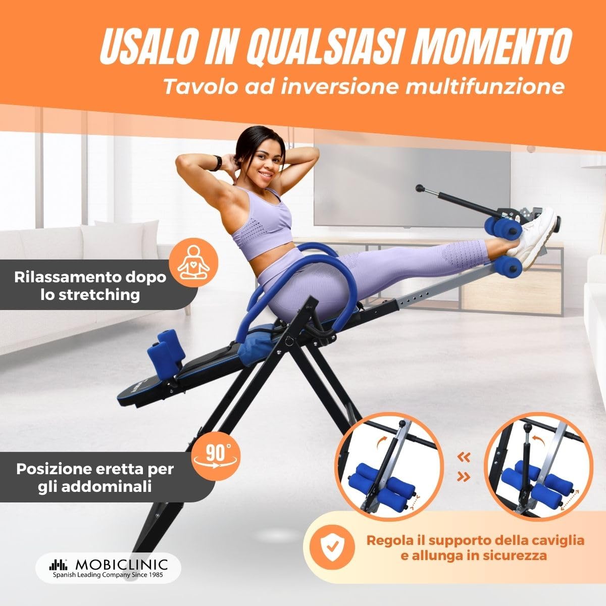 Mobiclinic® fitness, Panca a inversione, Pieghevole, Inclinazione di 180º, Fino 120 kg, Regolabile, Cuscino lombare e poggiatesta, Quattro sistemi sicurezza, Stretching ed esercizi addominali
