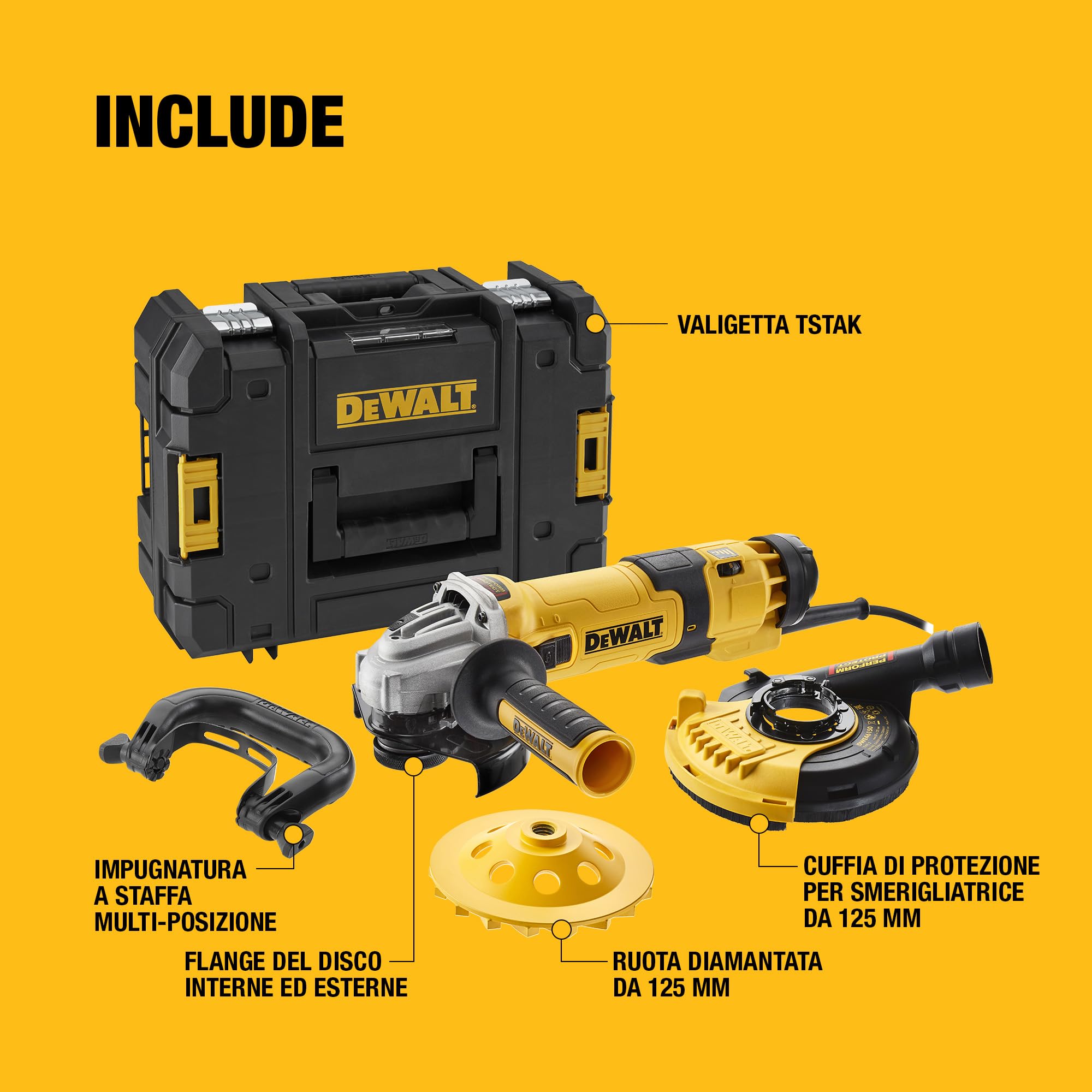 DEWALT 1500W 125mm Smerigliatrice Angolare a Velocità Variabile con Interruttore No-Volt - Kit di Levigatura, DWE4257KT-QS
