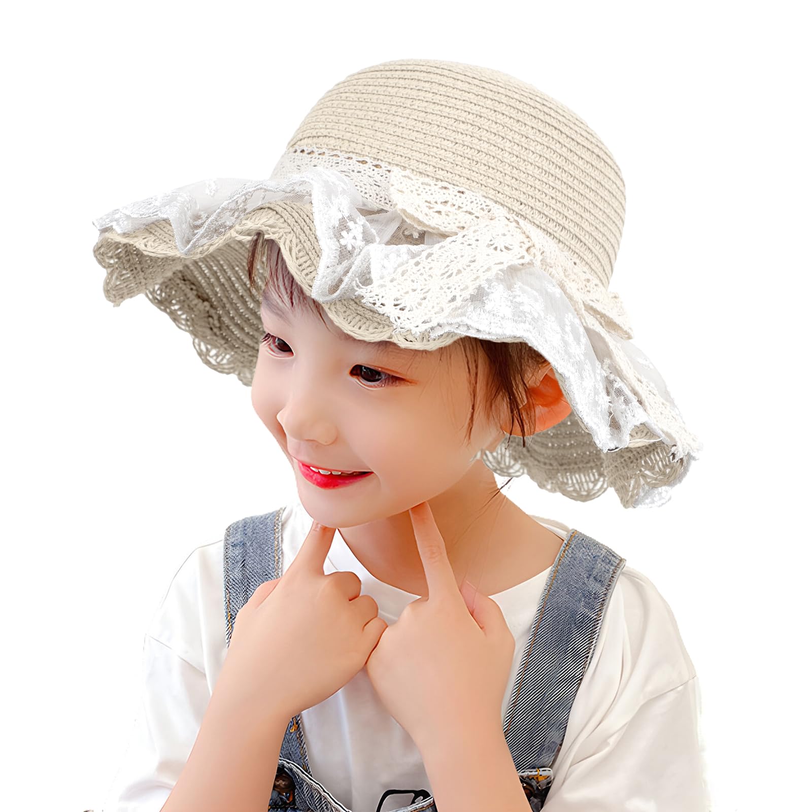 RUIXIA Chapeau de Paille avec Dentelle pour Fille Chapeau de Soleil Eté pour Fille Chapeau de Plage Large Bord avec Nœud de Papillon pour Fille 2-6 Ans pour Plage Voyage Randonée