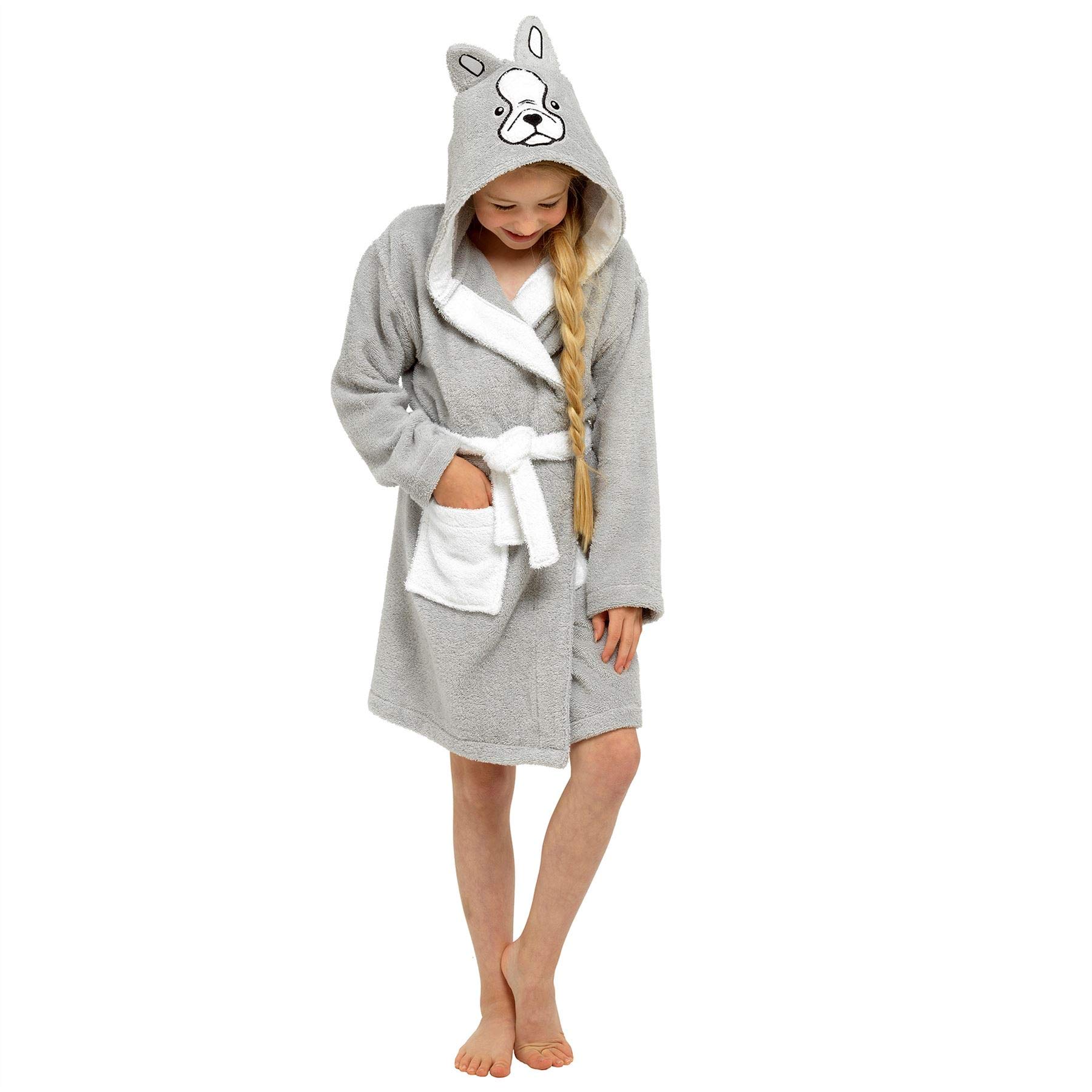 Evotex Trading Girls/Childrens Grey French Bulldog Kids Cotton Towelling Robe Dressing Gown Age 3-4