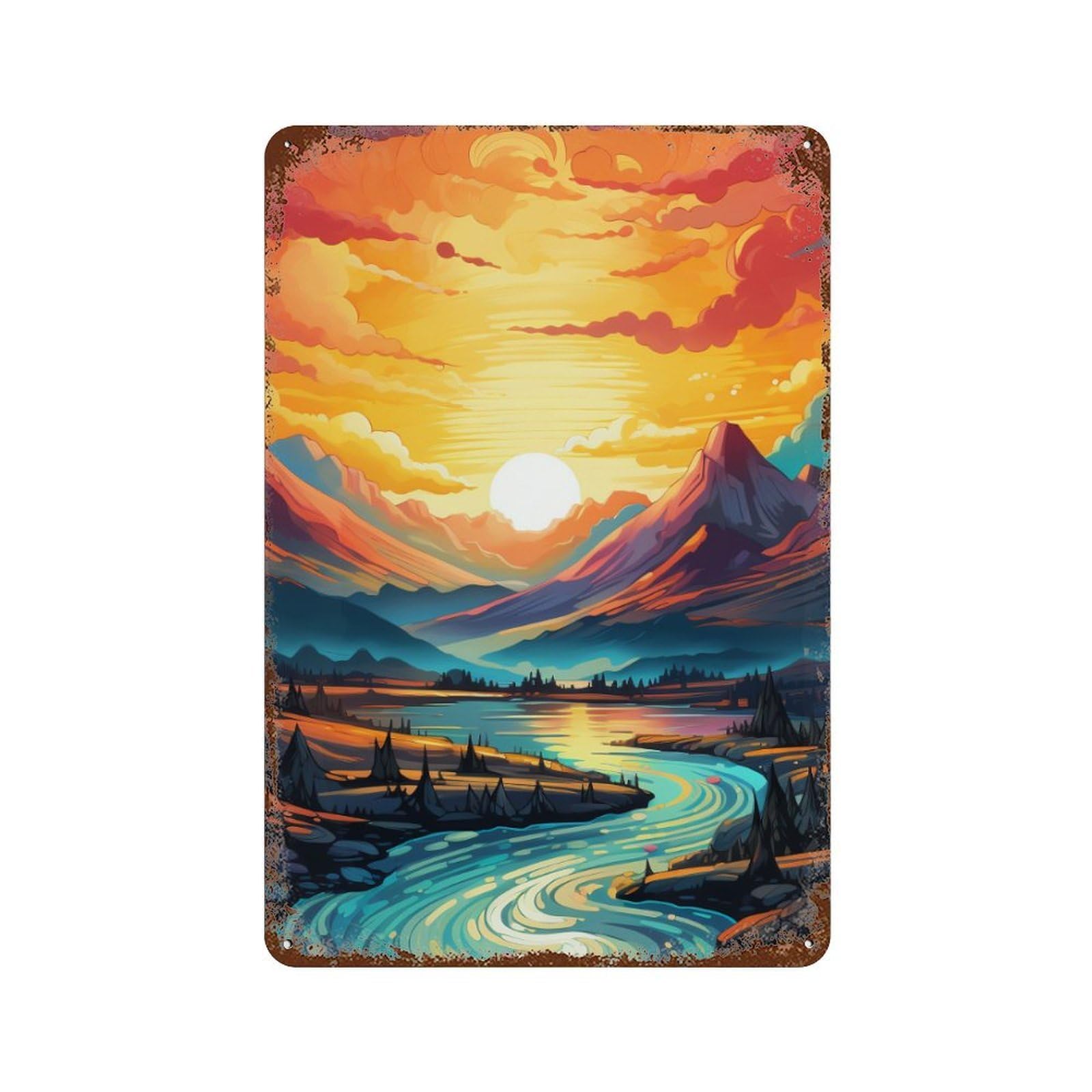 Distressed Metal Wall Sign with Sunset Mountain River Landscape Design 11.8"x7.9", for Garage, Bar And Workshop Decor, Vintage Wall Decor