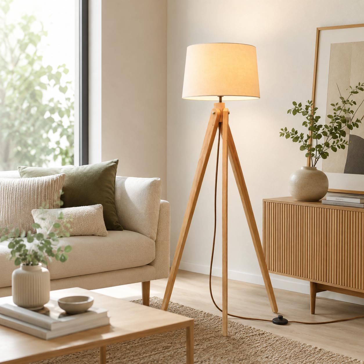 BARCELONA LED NASHUA Stehlampe mit Holzstativ und weißem Stoffschirm – Skandinavische nordische Stehleuchte mit E27 Fassung, minimalistisches Design für Wohnzimmer, Schlafzimmer