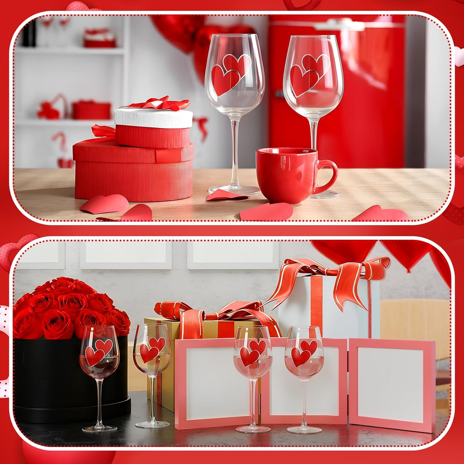 4 Pcs Valentine's Day Red Hearts Theme Party Stemmed Wine Glasses Hand Painted Red Heart Drinking Cup Wine Glasses Gifts for Birthday Theme Holiday Party Supplies