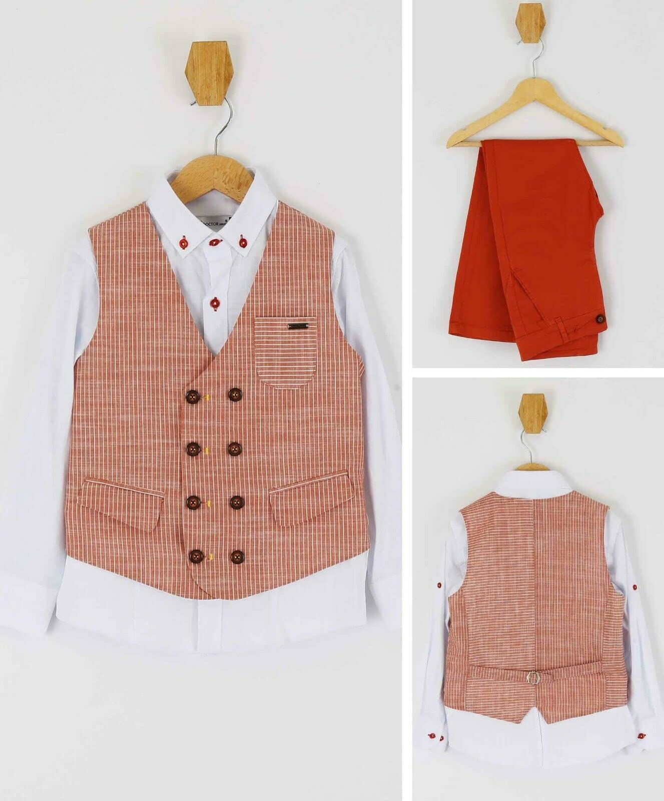 SIRRI Completo da ragazzo con gilet monopetto in cotone e lino, completo smart casual da 3 pezzi