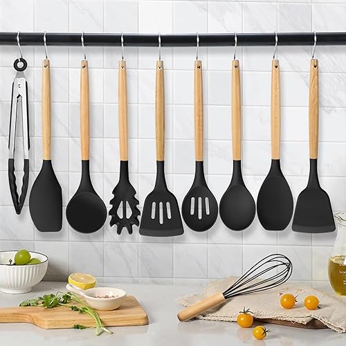Miniatura 7 de HaWare Juego de utensilios de cocina de silicona, 10 piezas de utensilios de cocina antiadherentes con mango de madera, resistente al calor de 450