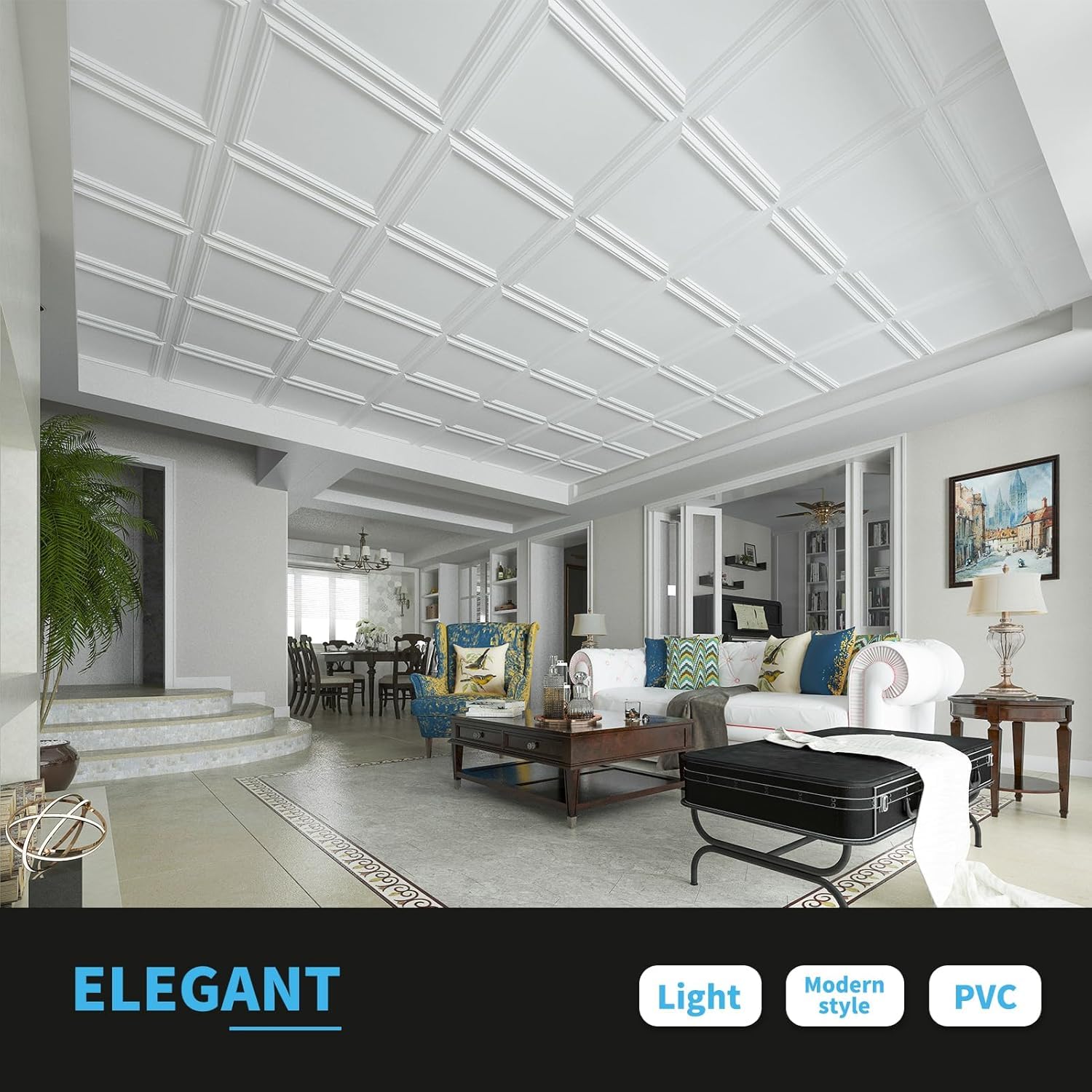 Art3d 12-Pack Drop Relief Ceiling Tiles for Home, Office & Commercial Space, 24 x 24in PVC Waterproof 3D Wall Panels Cover 48 Sq. Ft, White