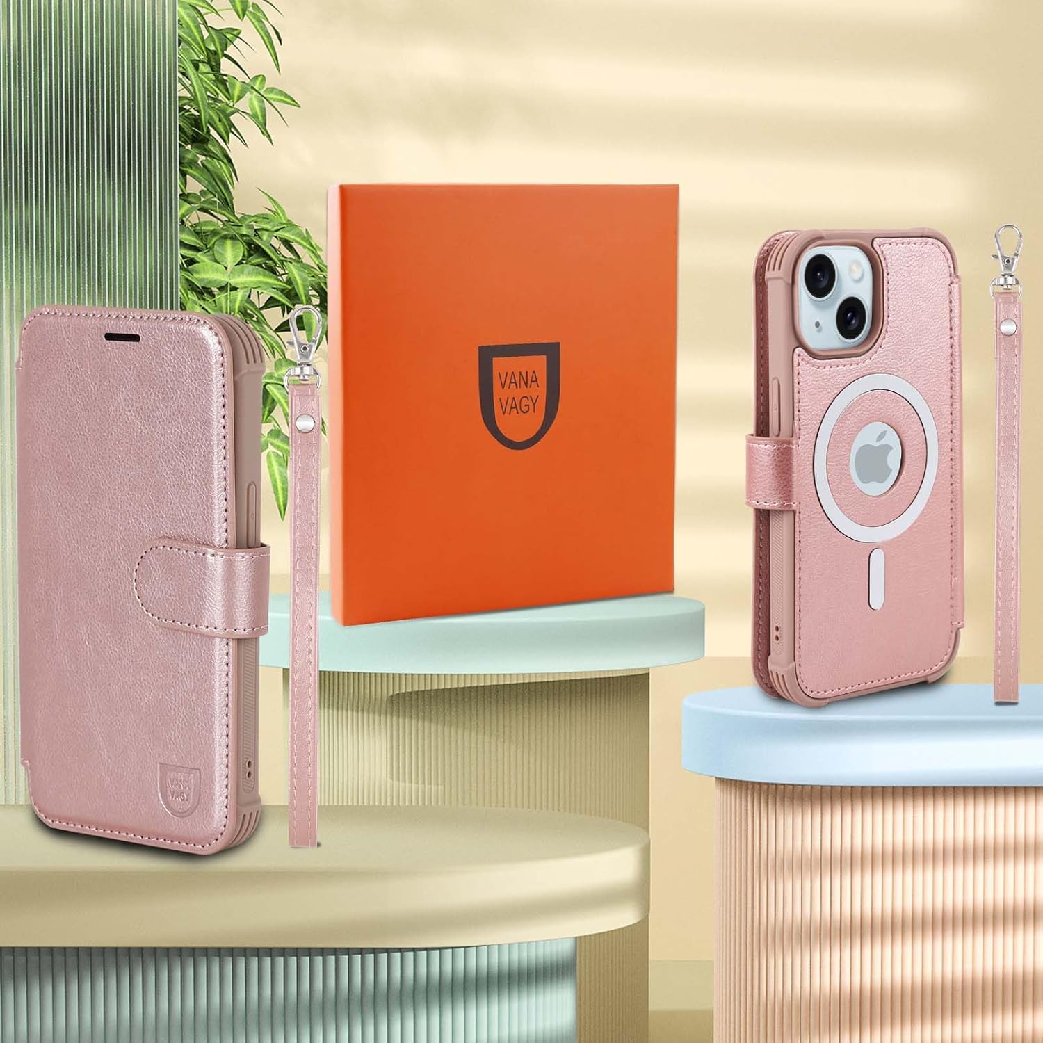 VANAVAGY Compatible for iPhone 15 Wallet Case for Magsafe Wireless Charging, PU Leather Flip Folio Case [Screen Protector & Camera Cover] with Wrist Strap RFID Blocking Card Holder,Rose Gold