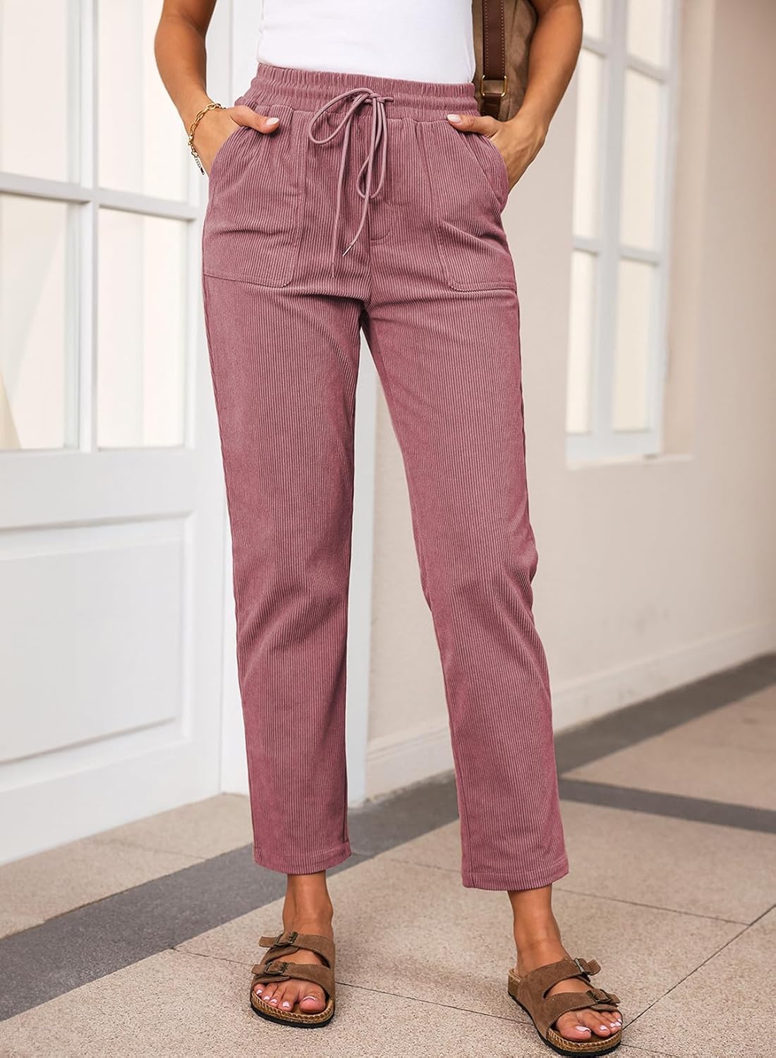 EVALESS Corduroy Pants for Women Casual Drawstring Elastic High Waist Straight Leg Pants Loose Comfy Trousers with Pockets - Image 2