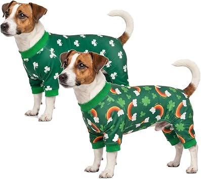 2-Pack St.Patricks Day Dog Pajamas Clover Rainbow Pet Jumpsuits Puppy Pjs Lucky Shamrock Dog Onesie St Patricks Dog Jammies Costume Outfit Clothes for Small Medium Large Dogs M