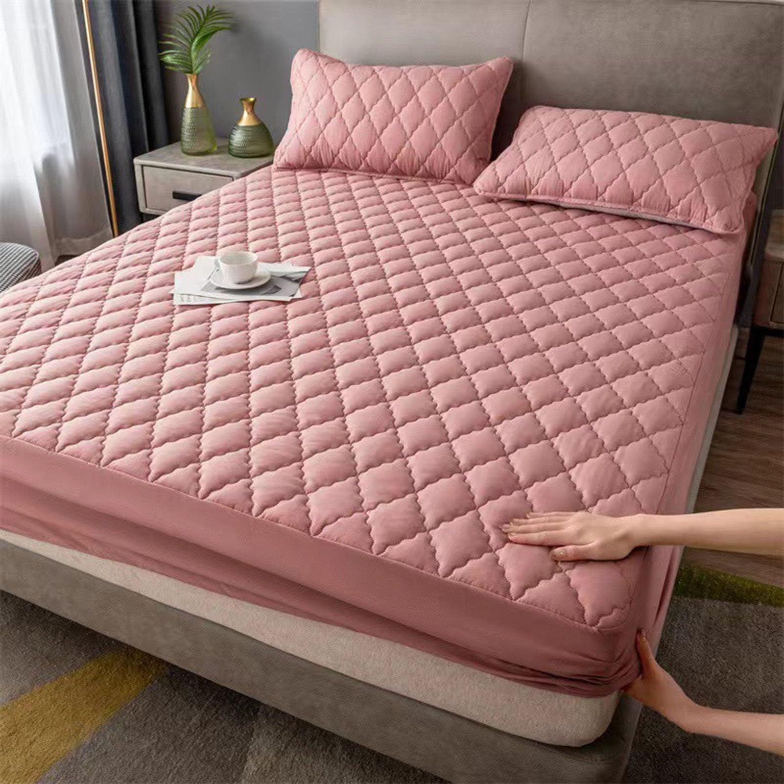 Gaoyiyi Pink Double Bed Mattress Protectors,Microfiber Quilted Waterproof Mattress Protector Double, Matressesdouble Protector 28Cm Deep Stretch Skirt Double Matt(Size:180*200Cm/70.86"X78.74",Color:pink)