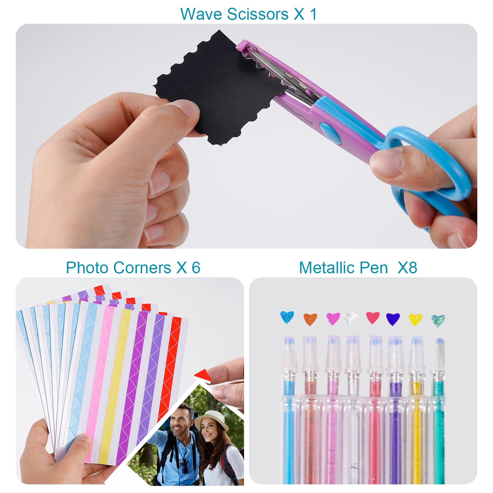 33 Pezzi Scrapbooking Accessori Kit,Set di Accessori per Album per Album Fotografici Diario Fai da Te Decorazione(Con Adesivi, Evidenziatore, Forbici, Modelli)