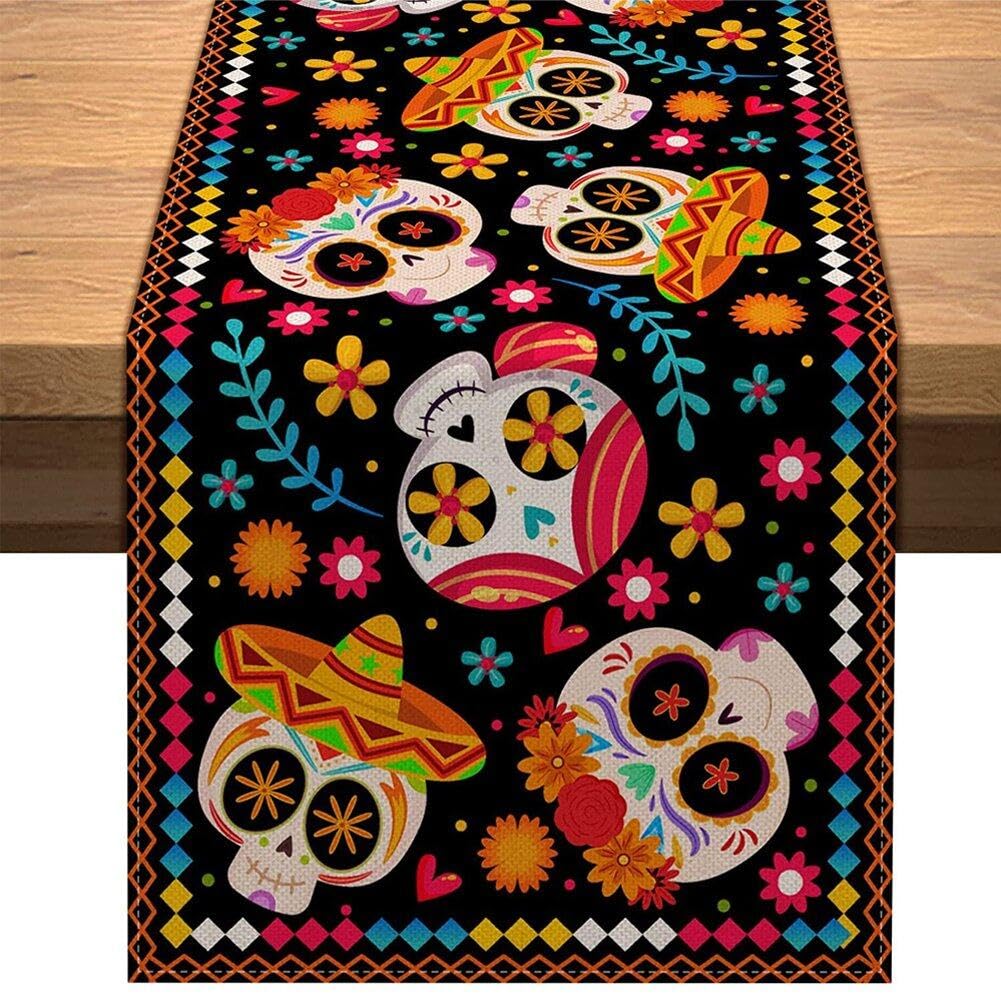 Lpitoy Day of the Dead Table Runner Dia De Los Muertos Sugar Skull Table Decor Mexico Holiday Party Kitchen Dinning Room Home Decoration