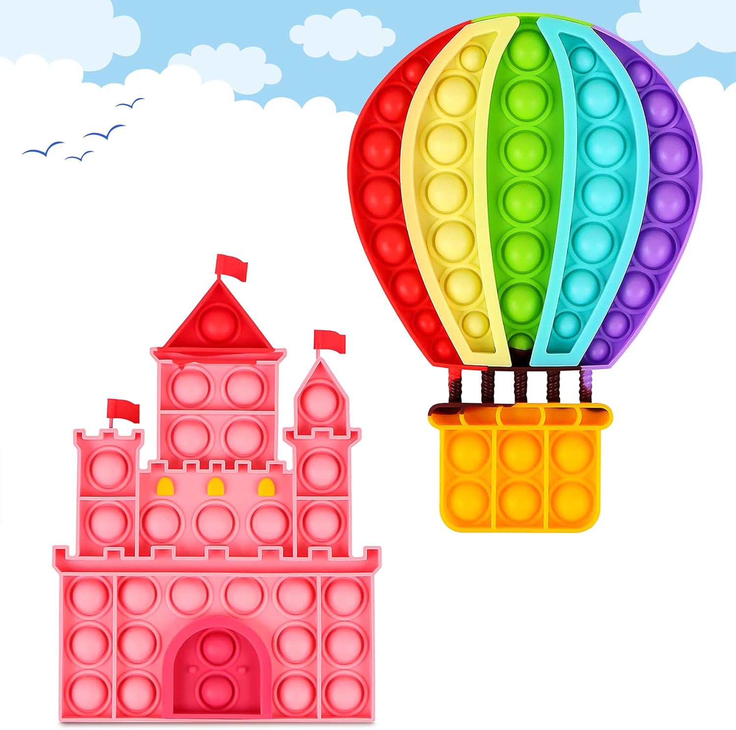 2 Packs Fidget Toys for Kids Girls, Push Bubble Sensory Toy Castle Balloon Silicone Squeeze Toy for Autism Anxiety Stress Relief Adults Travel Office Fidgets Toddlers Classroom Prize Birthday Gifts